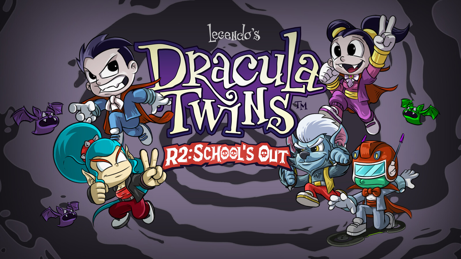 Title screen mock-up for ‘Dracula Twins R2: School’s Out’ co-op platformer. 