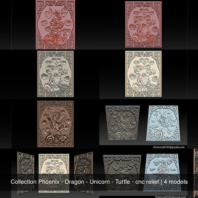 Dang briarena collection phoenix dragon unicorn turtle cnc relief 3d model obj stl ztl