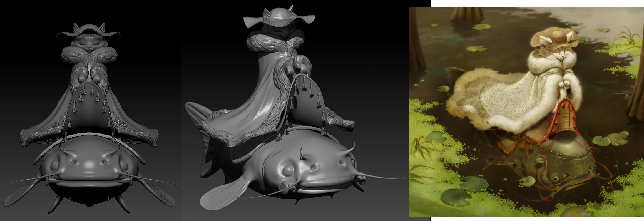 A better view of the mid-process sculpt next to the concept for reference.