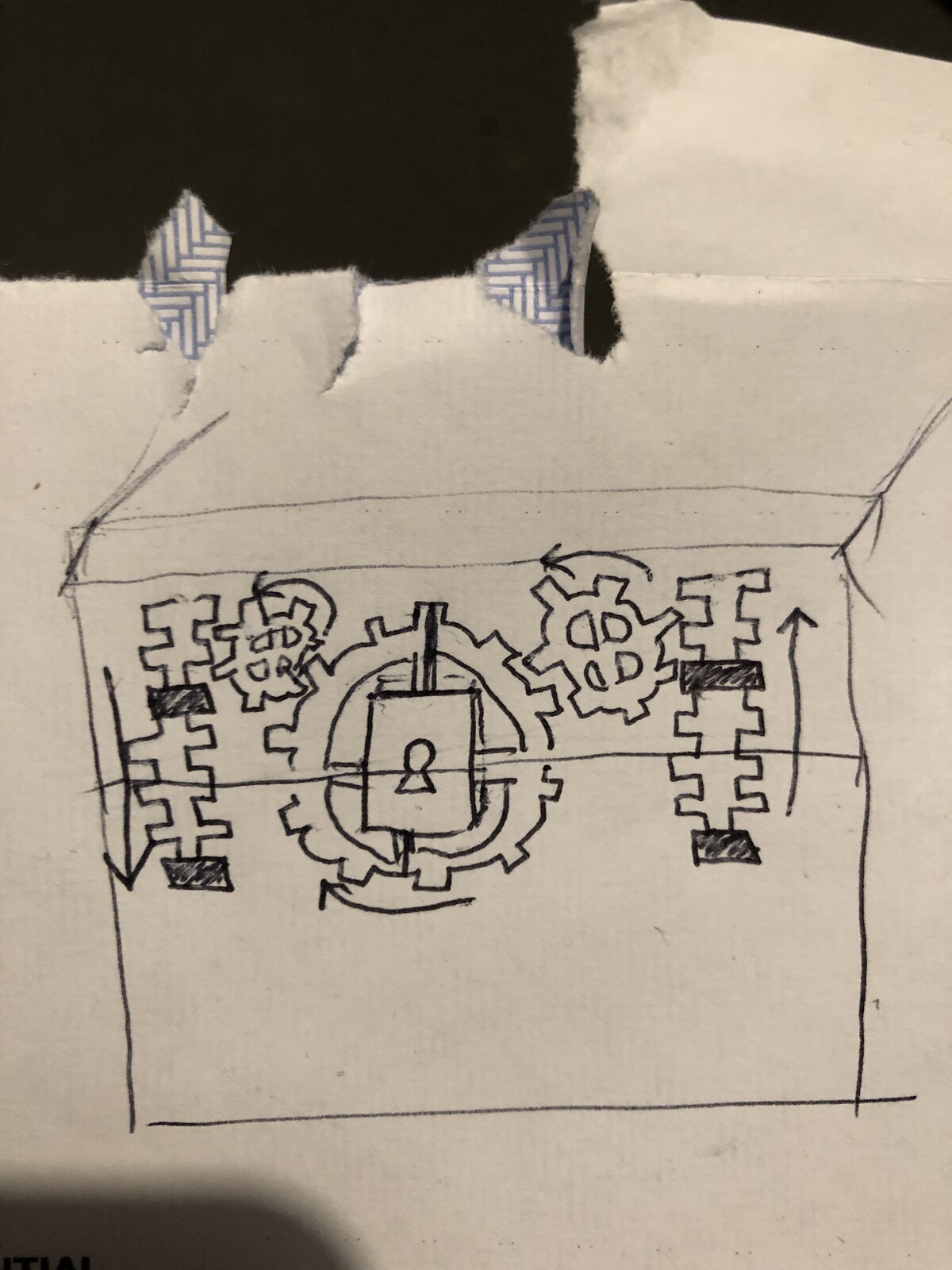 Feedback suggested to not have too many cogs as the detail wouldn't be seen from a top-down perspective. After spending my night brainstorming how I could make the chest practical, the idea of a rack and pinion came to mind.
Ideas can happen anywhere!