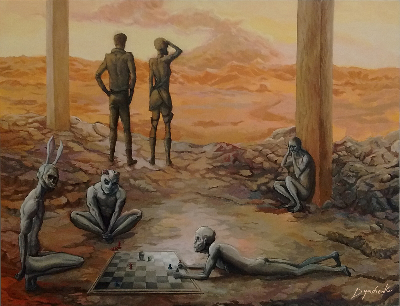 Inspired by surreal artists and some Bergman movies. This belongs to a series of "dystopia" scenarios where i try combining colourful atmospheres with creepy characters. 
Here, some sort of childish zombies playing weird chess.