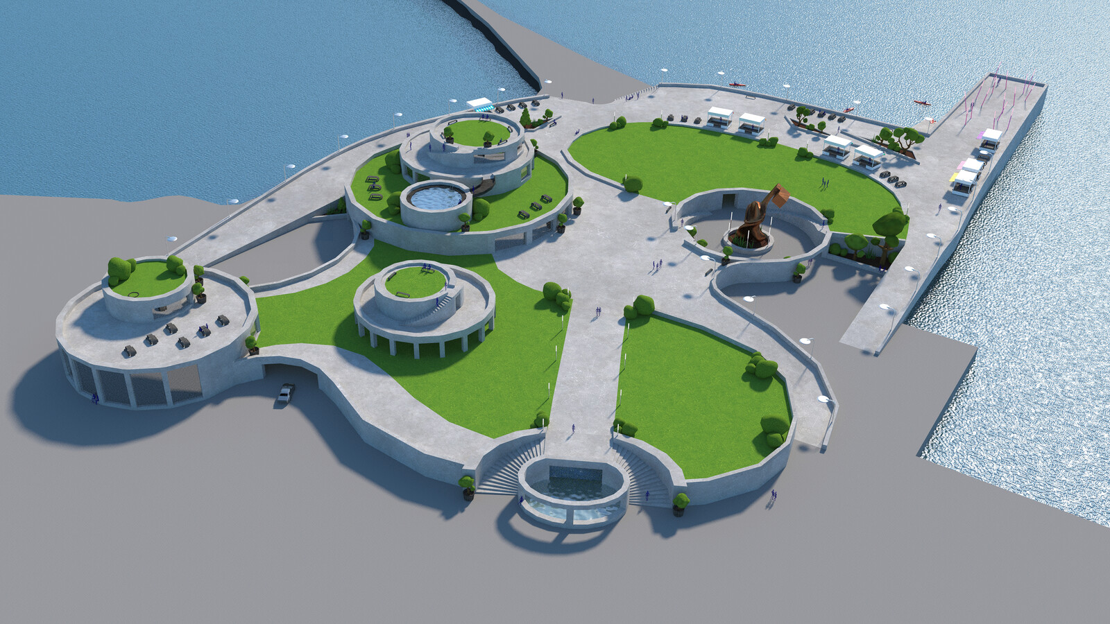 A front view of the completed DLR Plaza. All assets in the frame were modelled and textured by me without any imports.