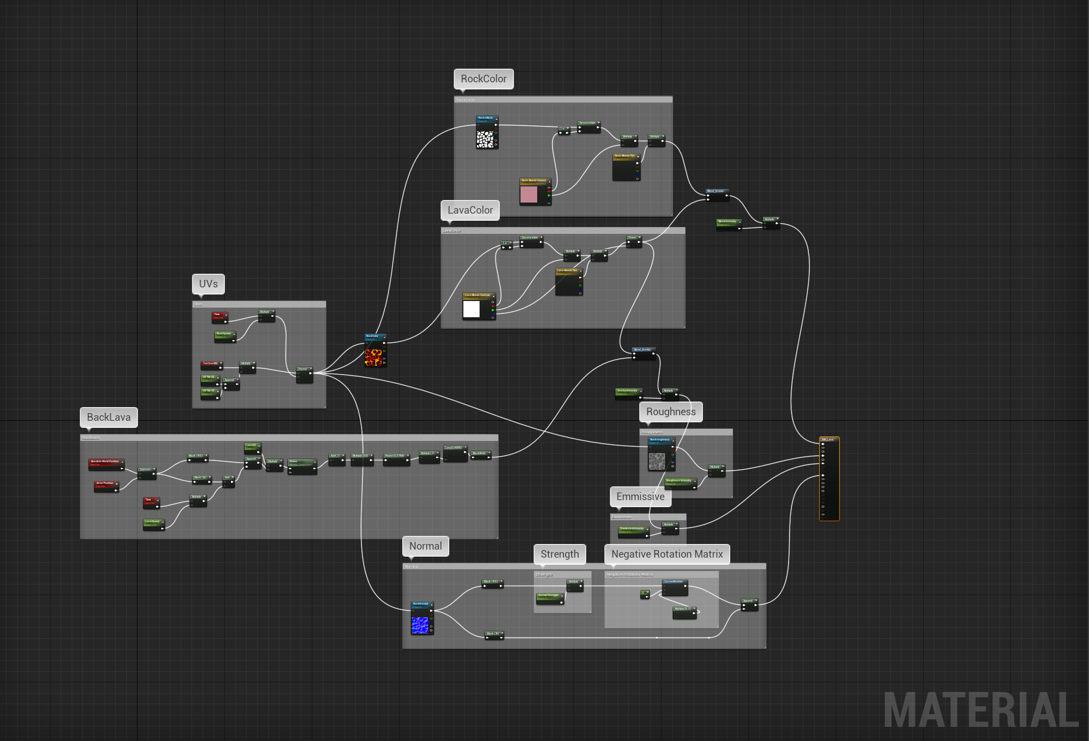 UE node editor for the lava material I made three different versions and made the texture sample a parameter so the next artist could choose which version they liked best 