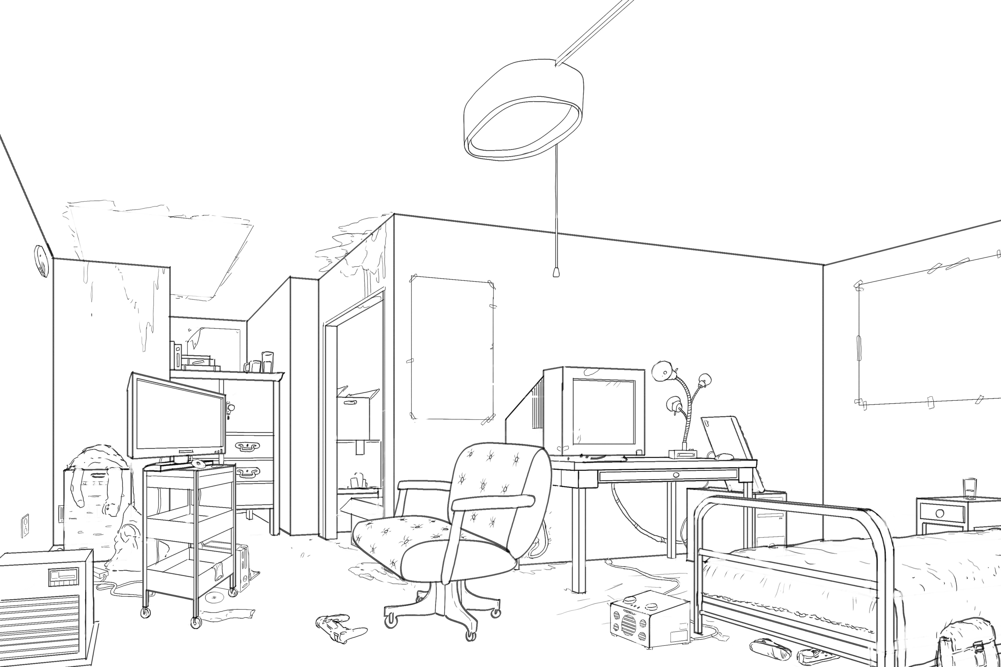 Perspective drawing that focused on local scale. The illustration prompt was to draw a bedroom.