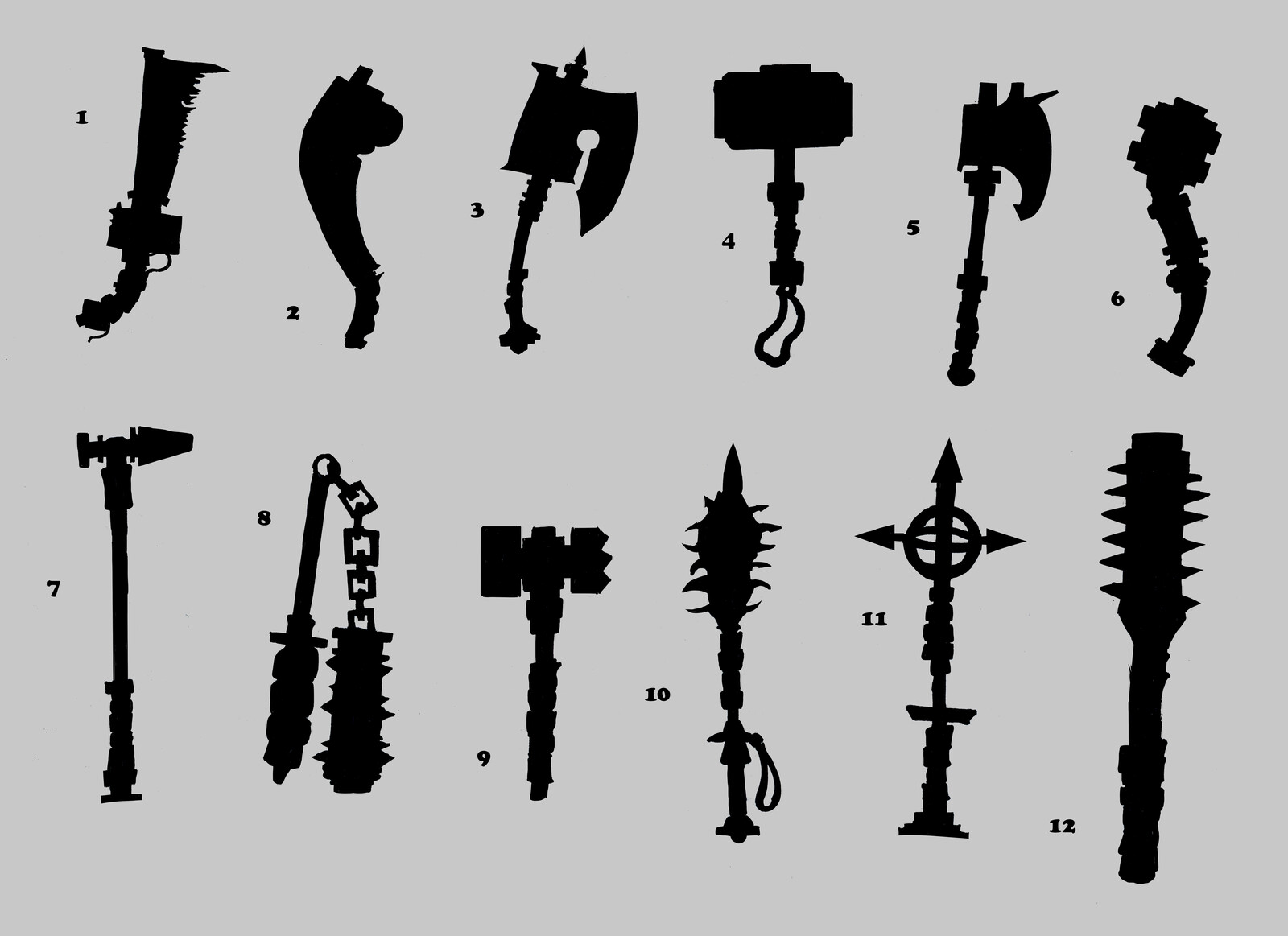 Silhouettes drawn to determine which direction to go for a 3d modeling projects weapon design.