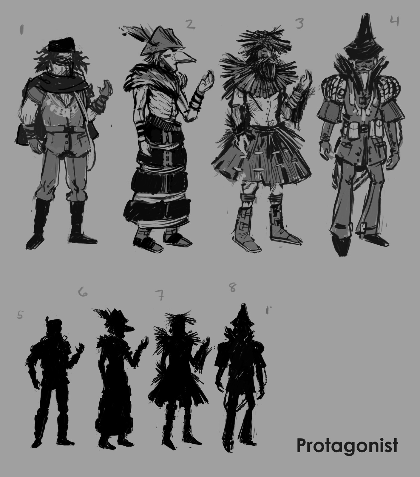Protagonist concept sketches and silhouettes. 