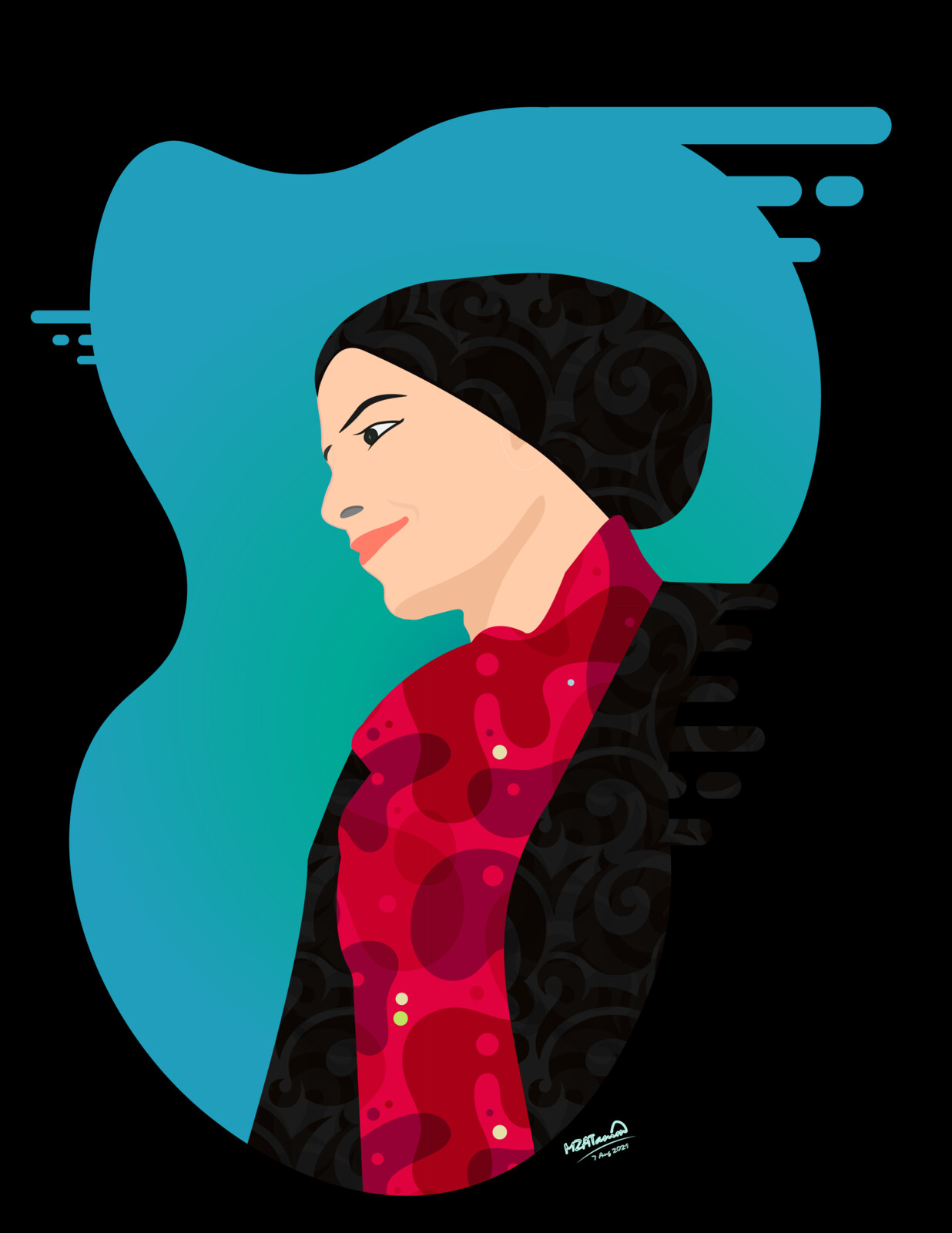 Final Version: Tried some patterns from Ai library for the clothes. Updated to relatively vibrant colors. Made some minor fixes in shape and focus based on feedback from her (the person in portrait). After some experimenting settled with a this style.