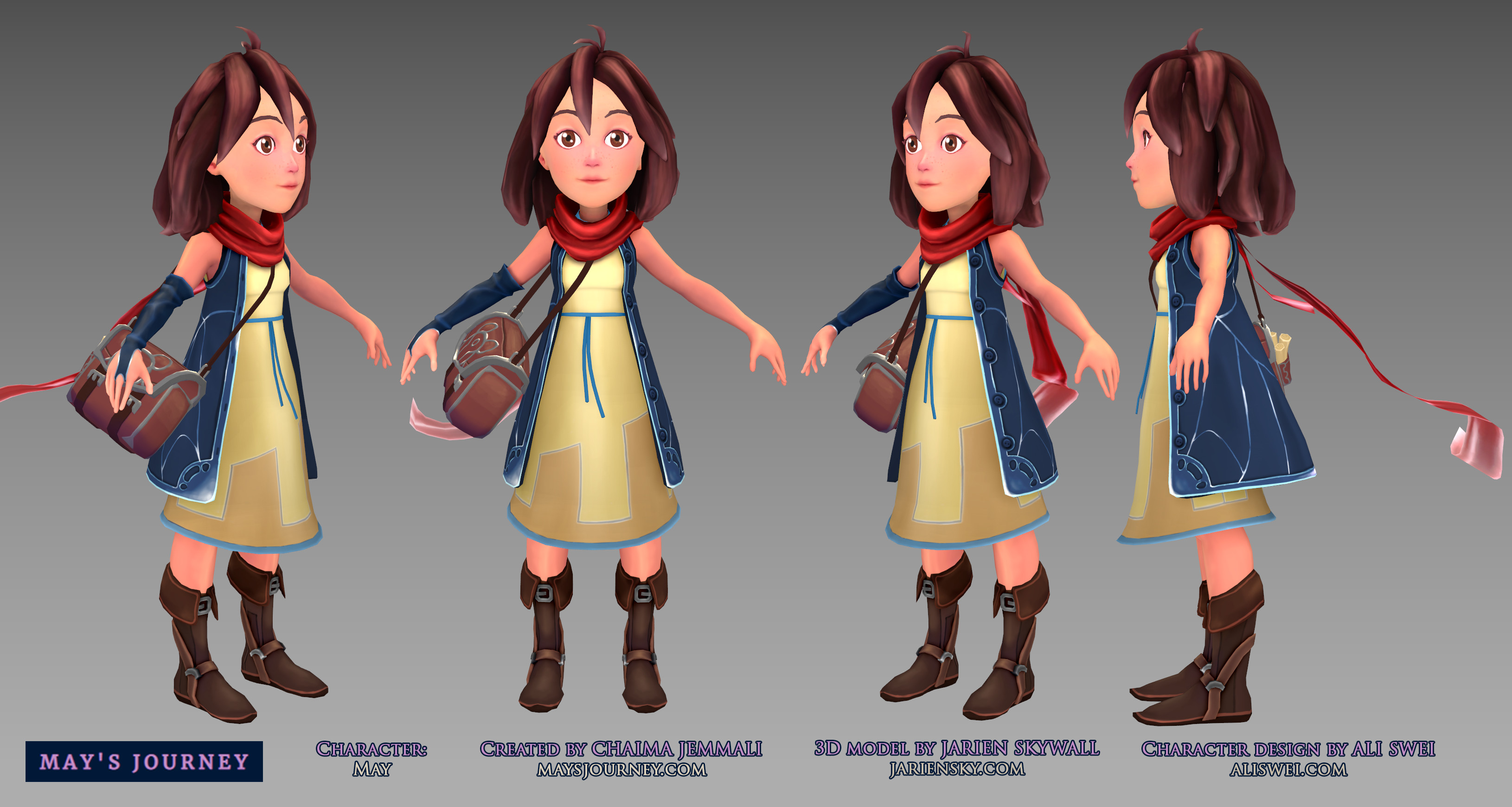 May 3D turnaround. This is my own quick placement for the scarf and bag, not their final pose in the game.