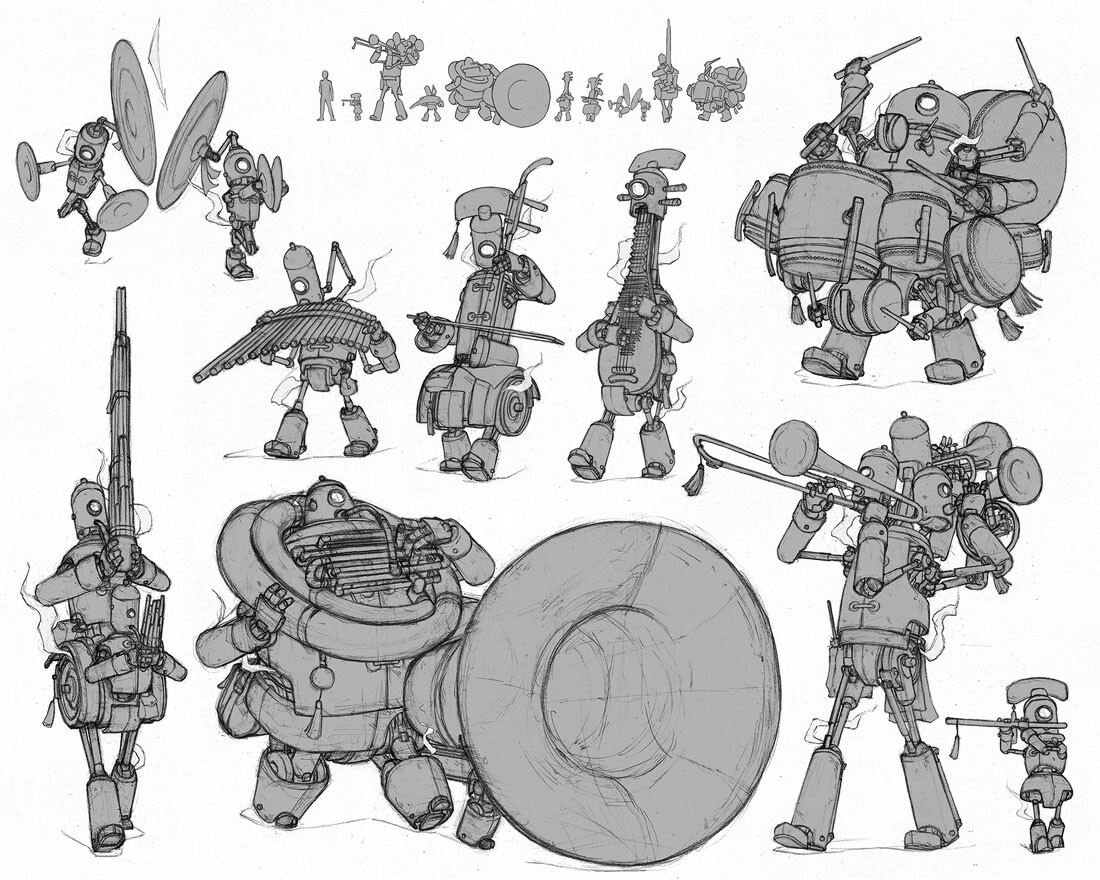 Steam powered robot marching band. 