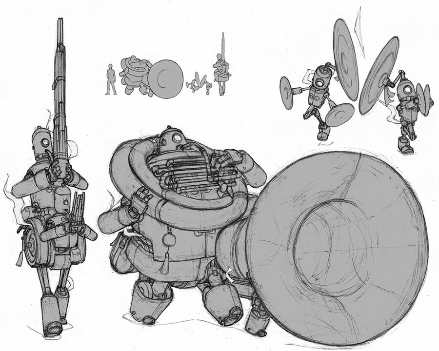 Robot playing the Chinese "Sheng". Sousaphone chunky bot. And hopping Cymbal twins.