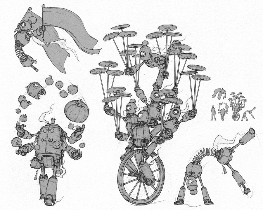 Various circus balancing acts. Hopefully no one runs right into them...
