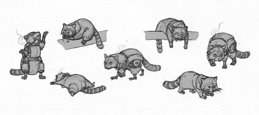 Trained raccoons and their mechanical leaders help clean up the left overs and trash. Though a few of them are still lazy and sleeping.