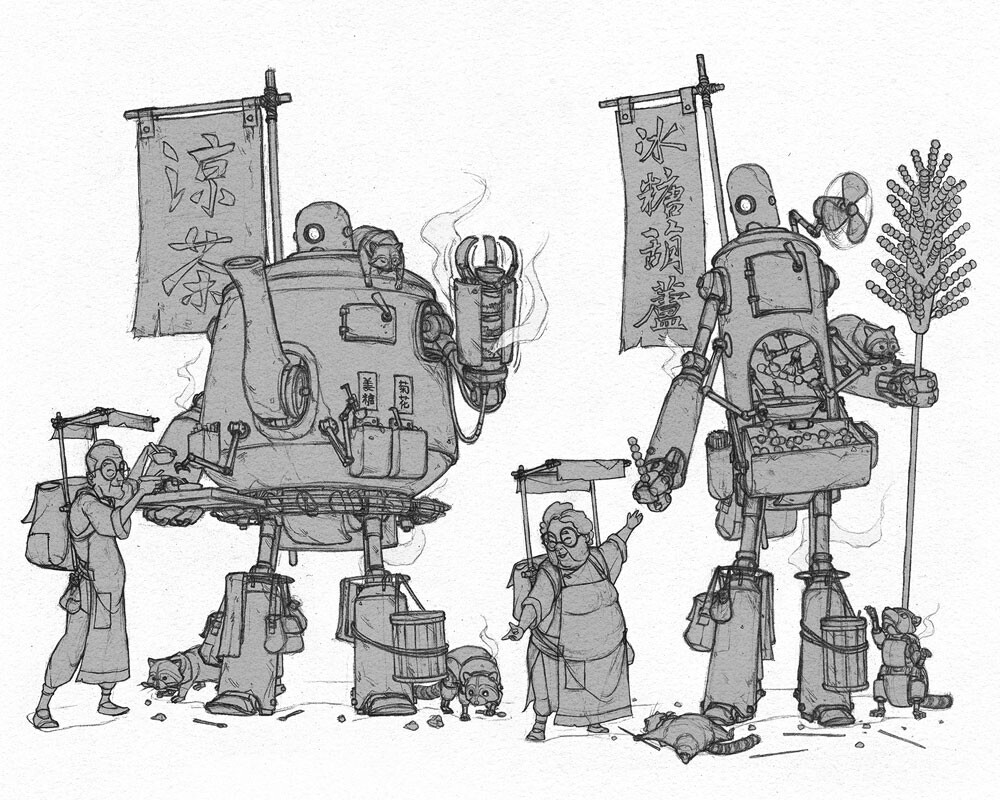 An old couple and their robots sell tea and candy on the busy streets of Imperial City. A pack of trained raccoons led by their mechanical leader help clean up the left overs and trash on the floor.