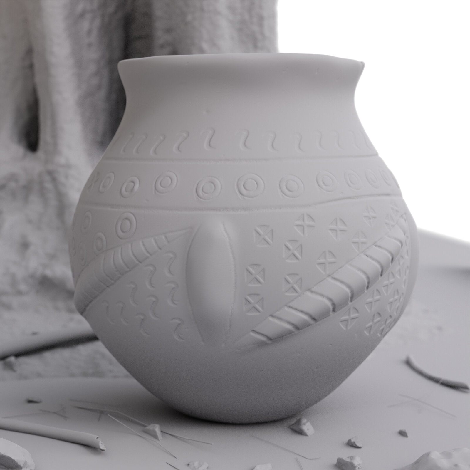 Clay render of digital sculpt