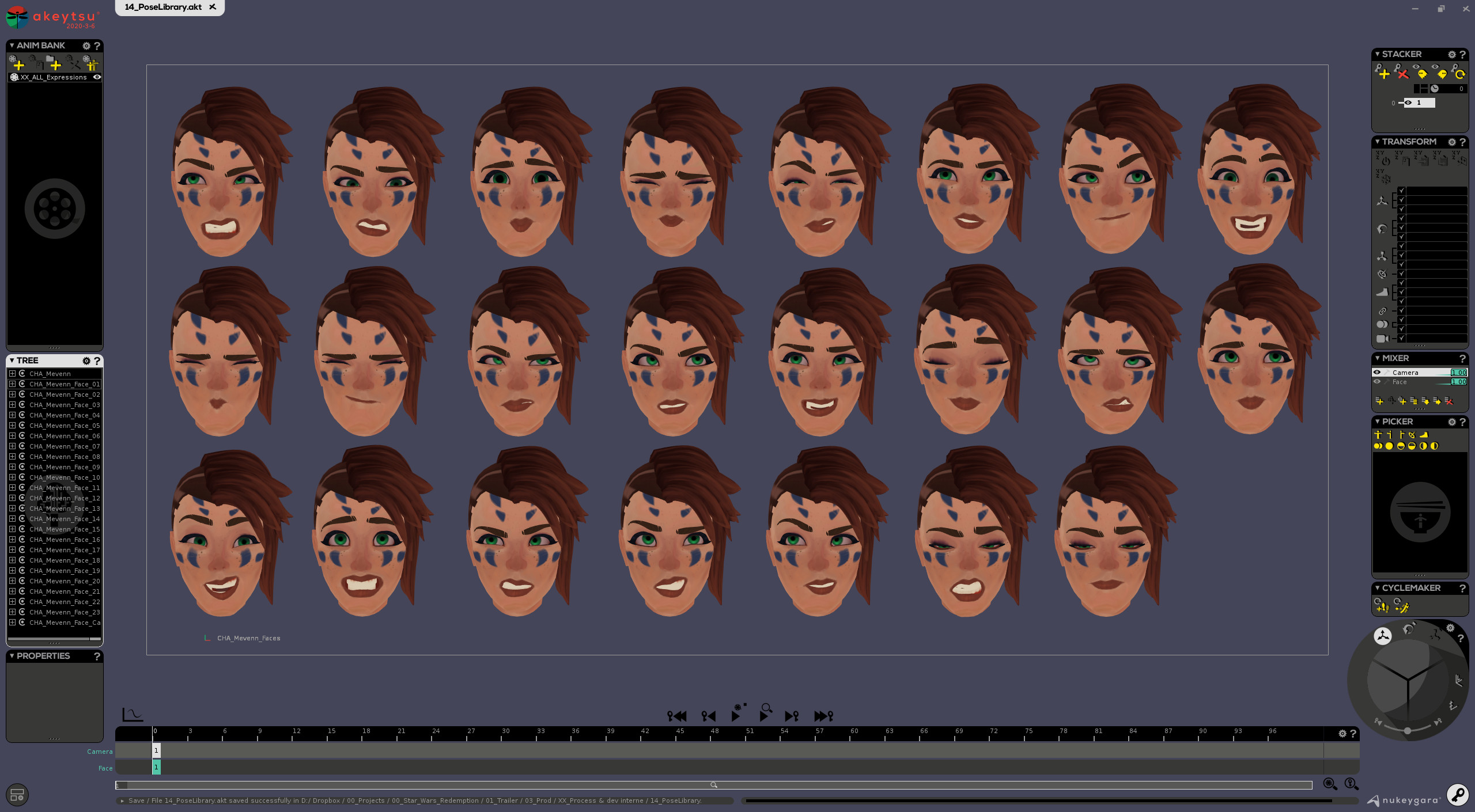 A little test i did to pick up faces quickly, the idea was having a camera focusing them, so I could pick any whenever I wanted to, and copy the expression over the current anim =)