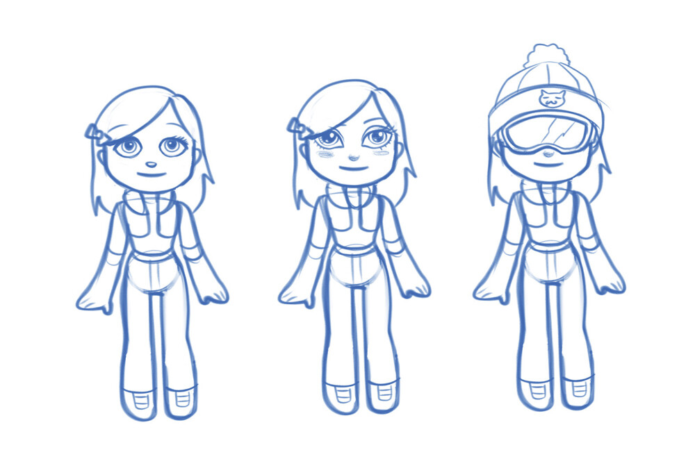 My first task was trying out sketching out one character in 4 styles suggested in the design brief. This was the "doll" style