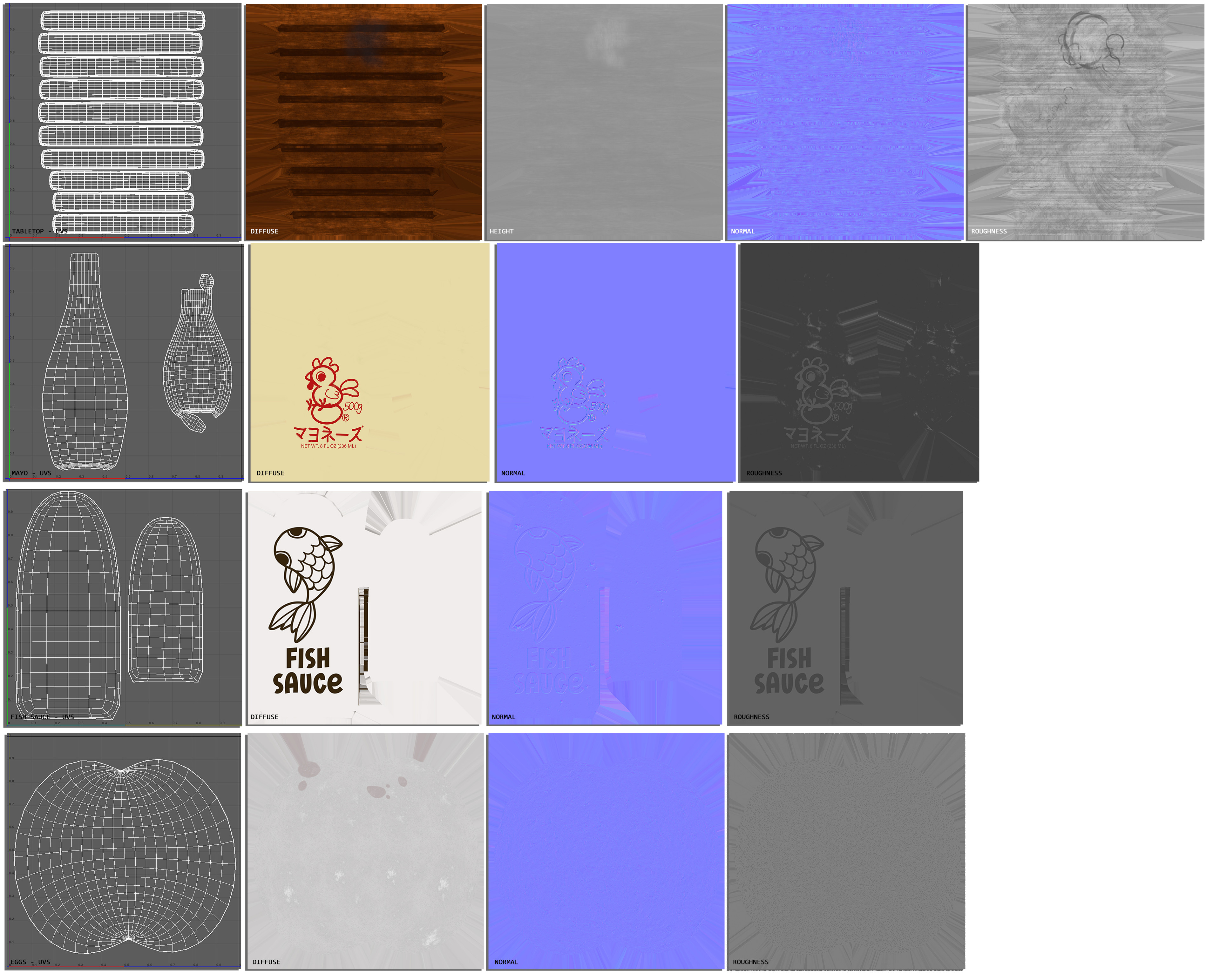 UV layouts and texture maps for tabletop, mayo bottle, fish sauce bottle, and eggs