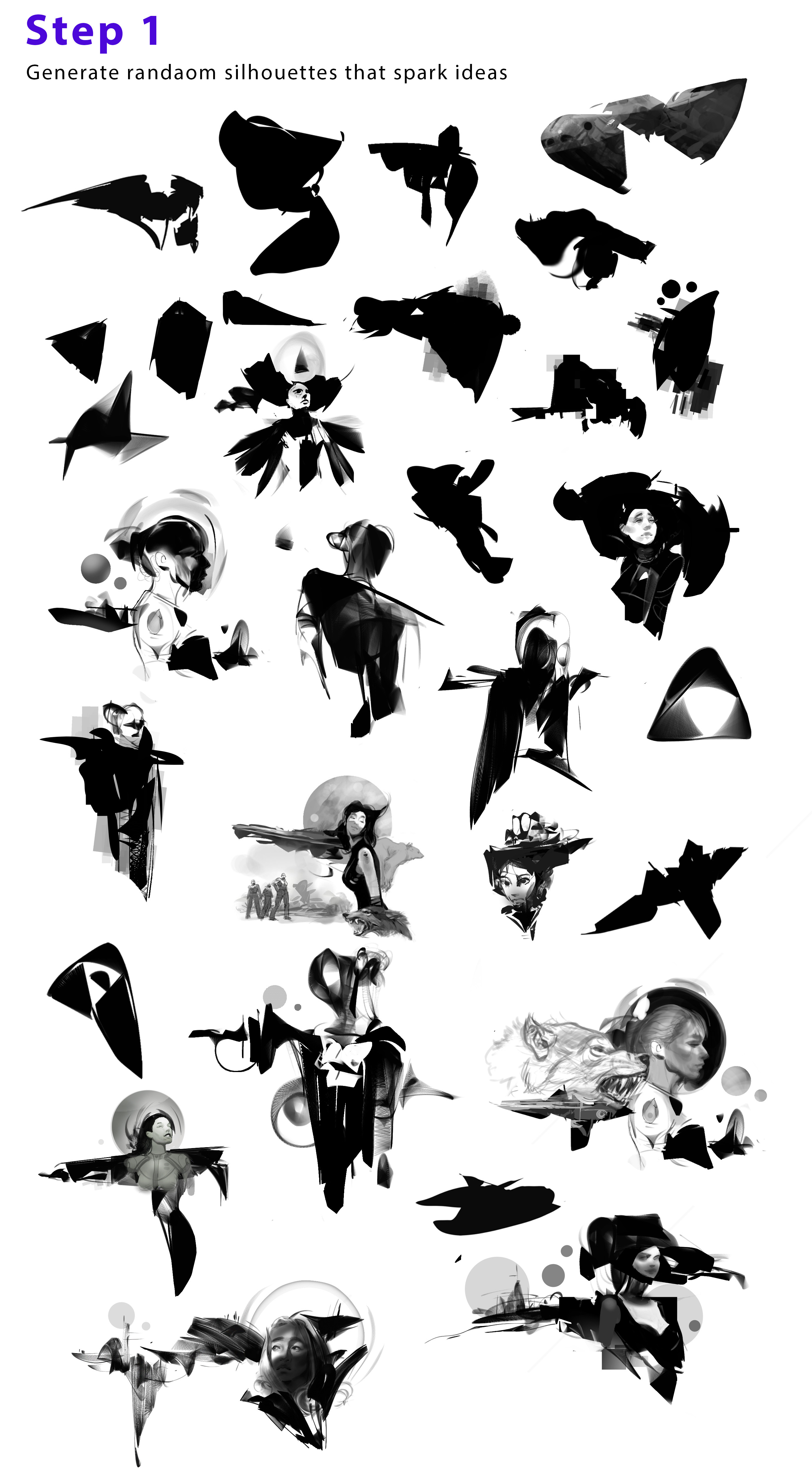 Step one: generating random silhouettes to create interest and spark ideas. I don't show this phase of the process to the client. It's just for me to play and inspire myself.