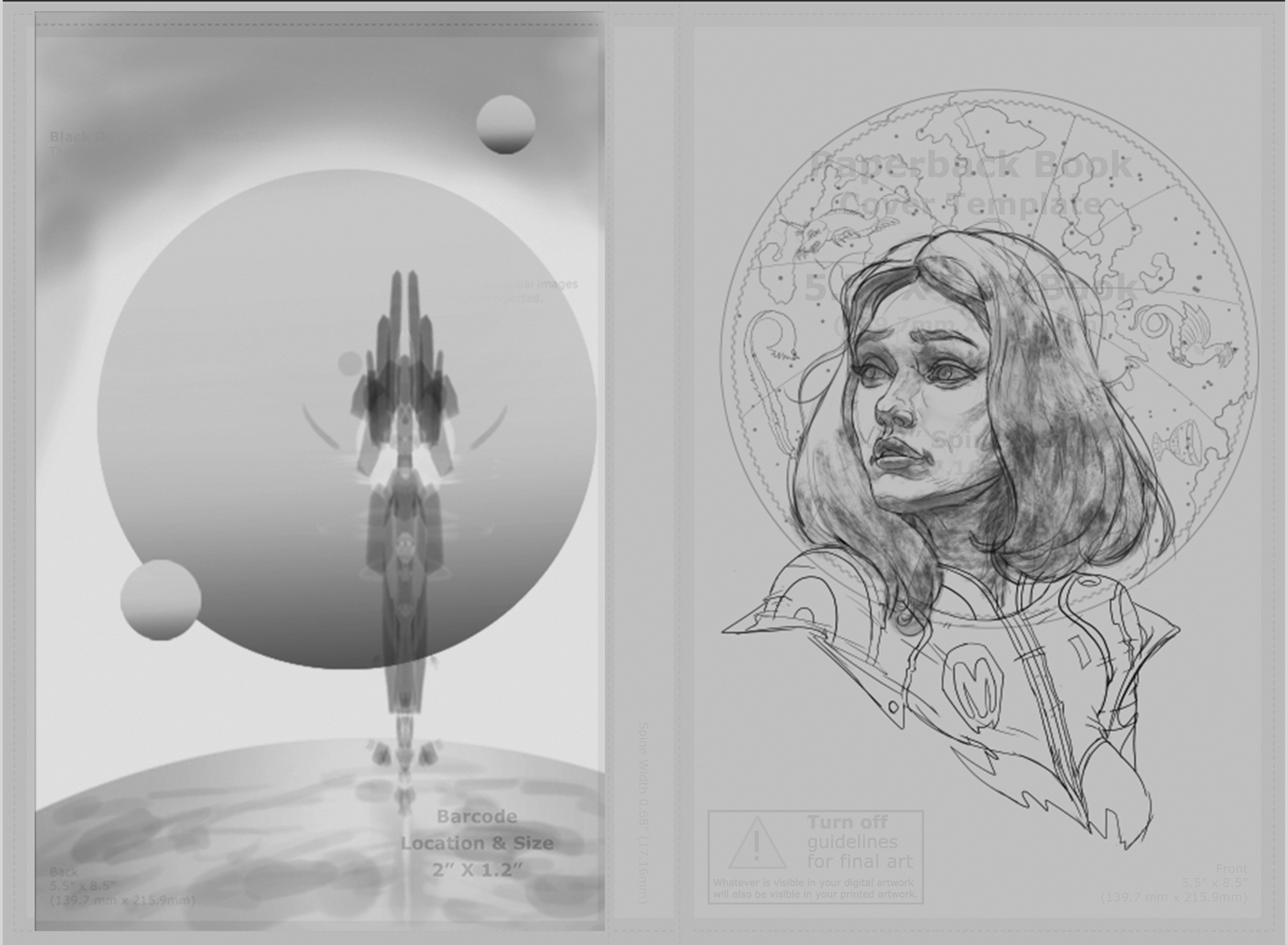 Step eight: here is the full layout with the front cover on the right and the wraparound back cover design on the left which they wanted to keep quite simple and traditional looking as if done with charcoal