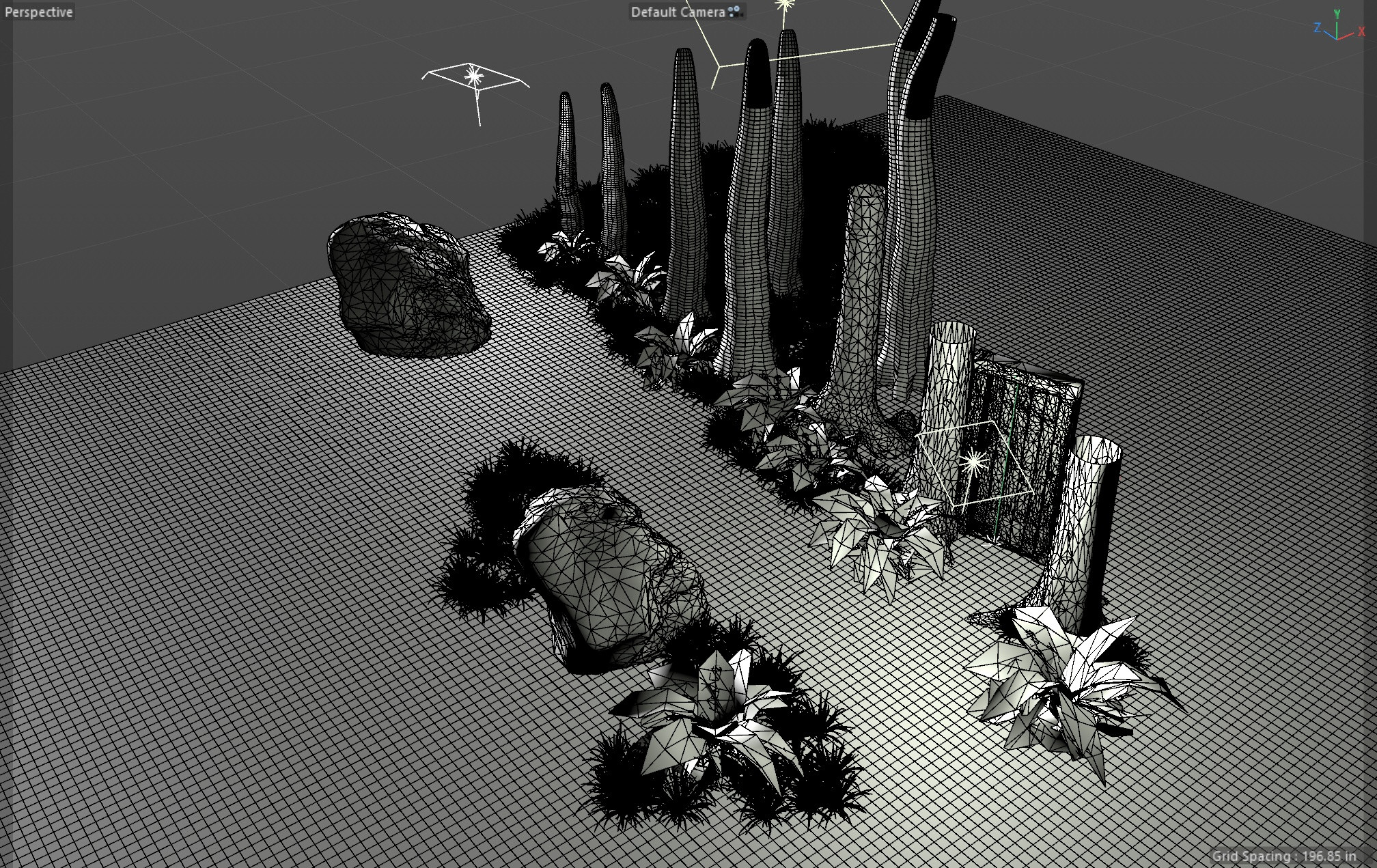 Overhead view of prop layout.  Forced perspective with plants near camera being larger.