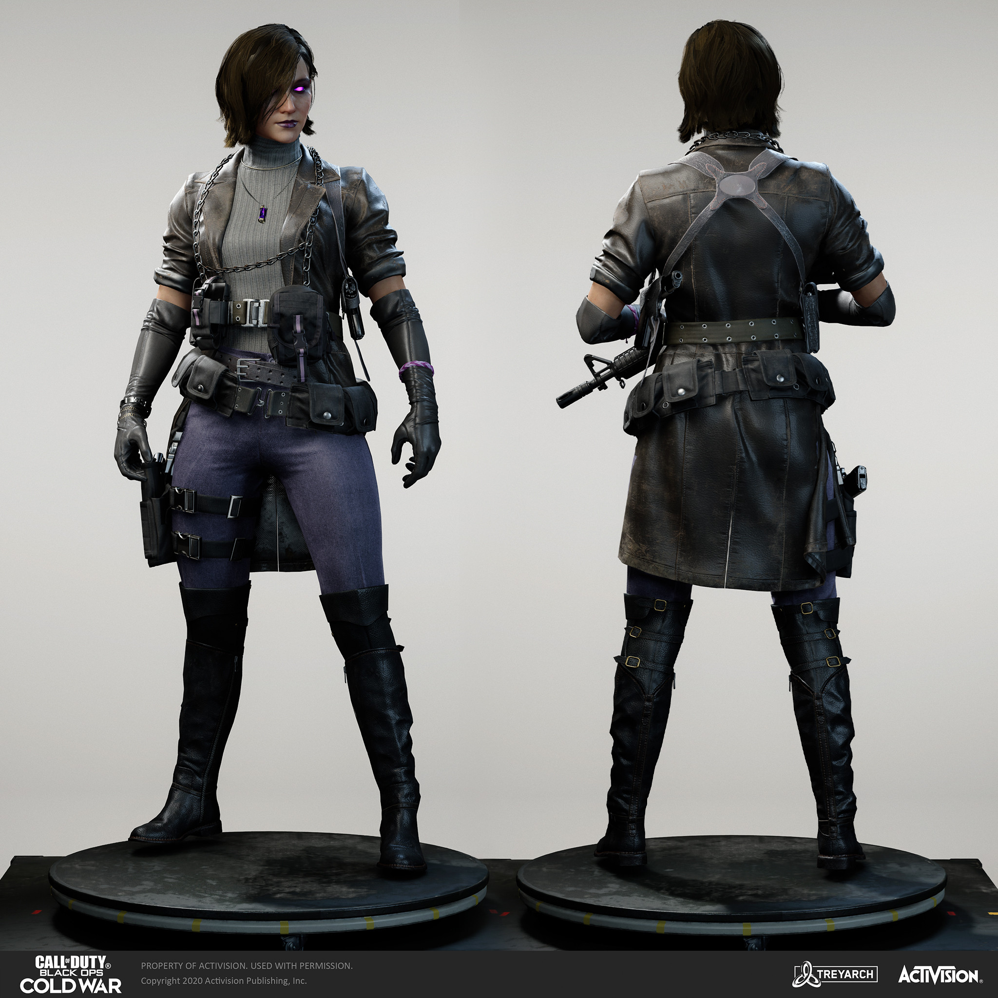 Samantha Maxis operator - Noir.  I was responsible for the design, game mesh assembly, and textures/materials. Individual models/bakes used on the character were created by the Treyarch, SHG, Raven, and OS teams. Head model by Activision Shanghai Studio.