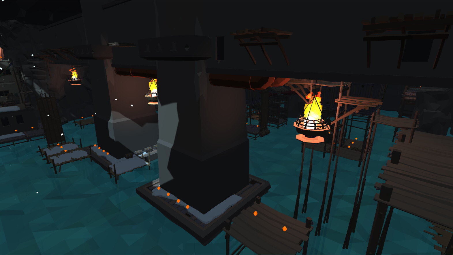 A view showcasing the central section of the cavern area of the level. The player crosses these struts at the base when returning from opening the dam access point.