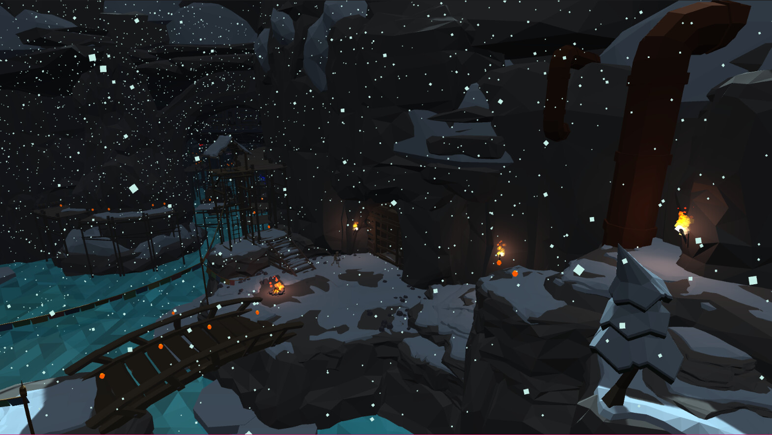 A screen of the entrance to the caverns blocked by a gate the player must raise to explore further.
