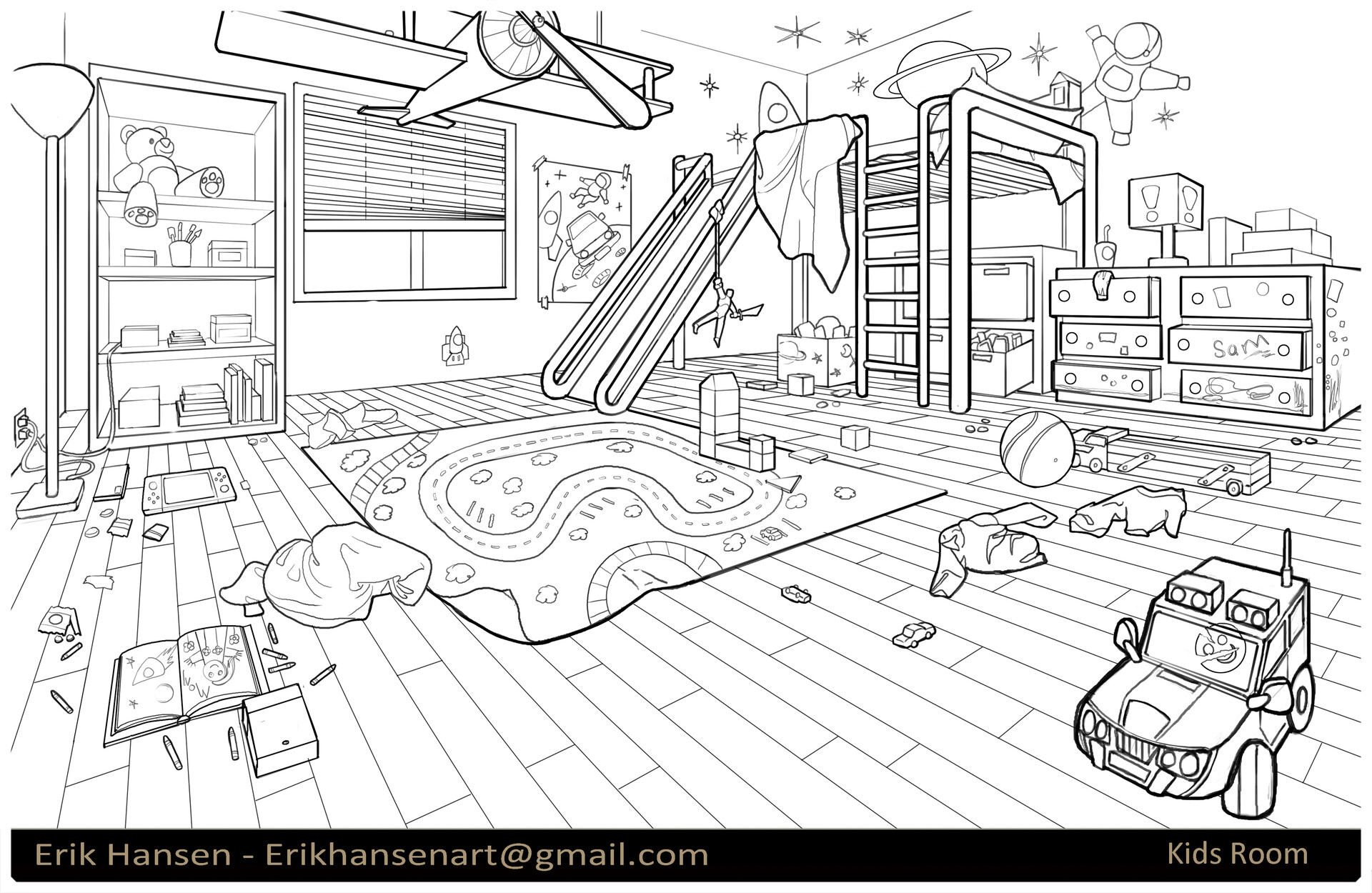 Kids room sketch in black and white Interior outline of a room for children  with furniture  CanStock