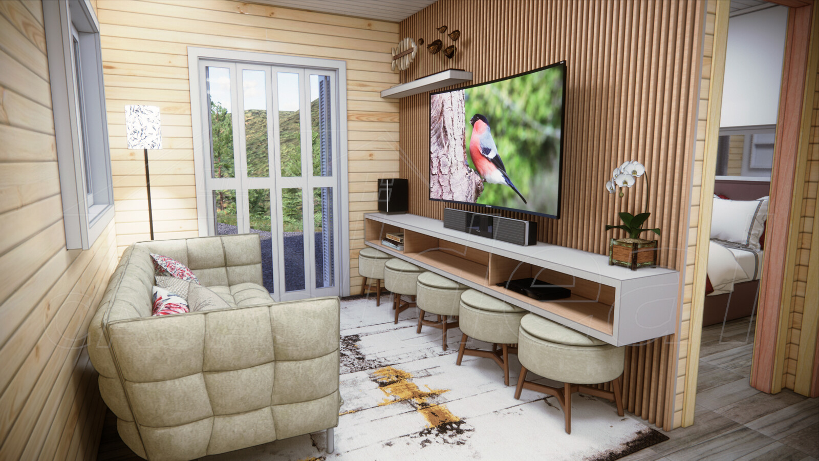 Living room and TV panel, with benches to comfortably accommodate a larger number of friends at the end of the week.