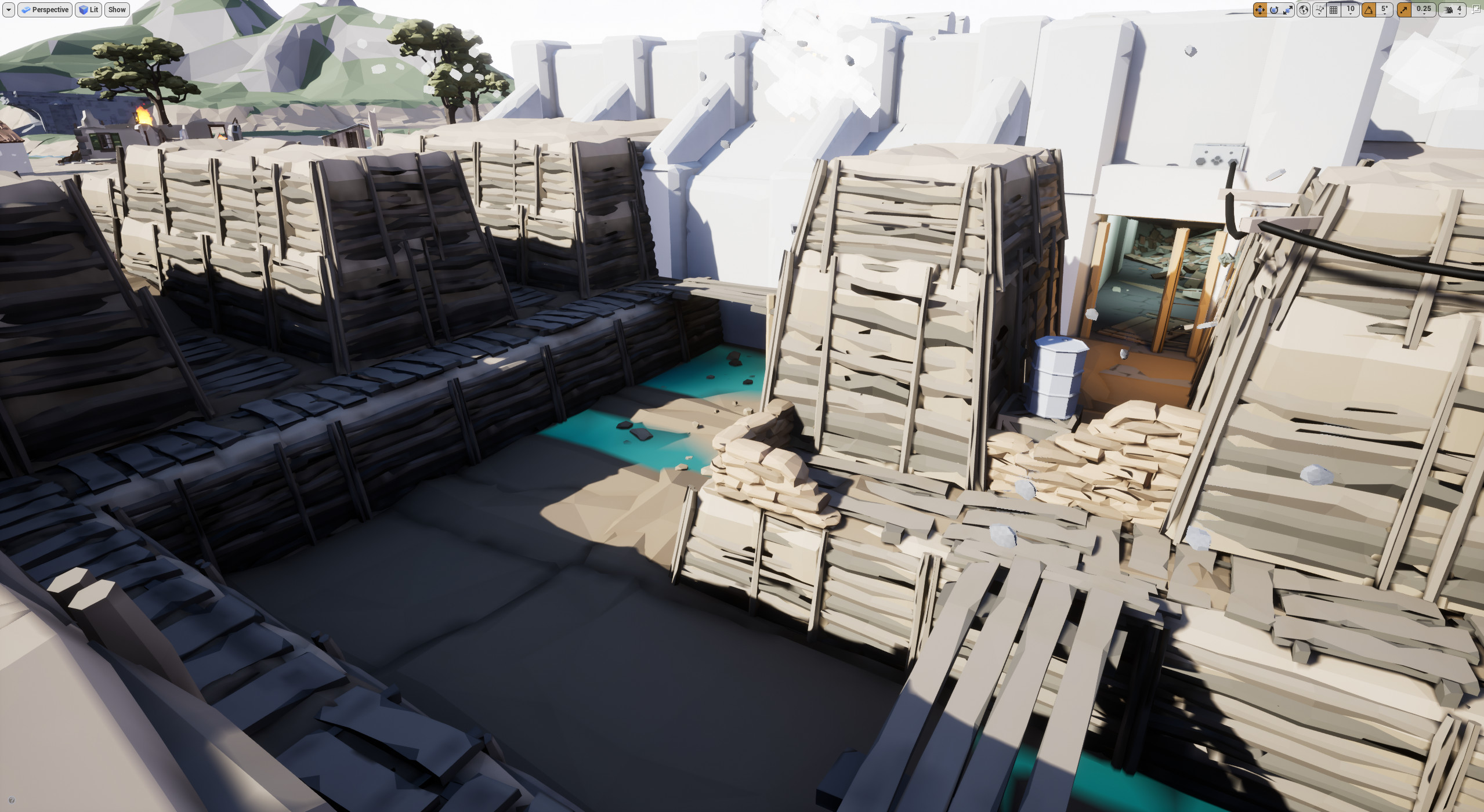 Most of the exterior trench sections have two stories of height, the pit area in the center and the flanking ledges. The player frequently needs to loop around the trenches to reach the various areas allowing the space to be reused.