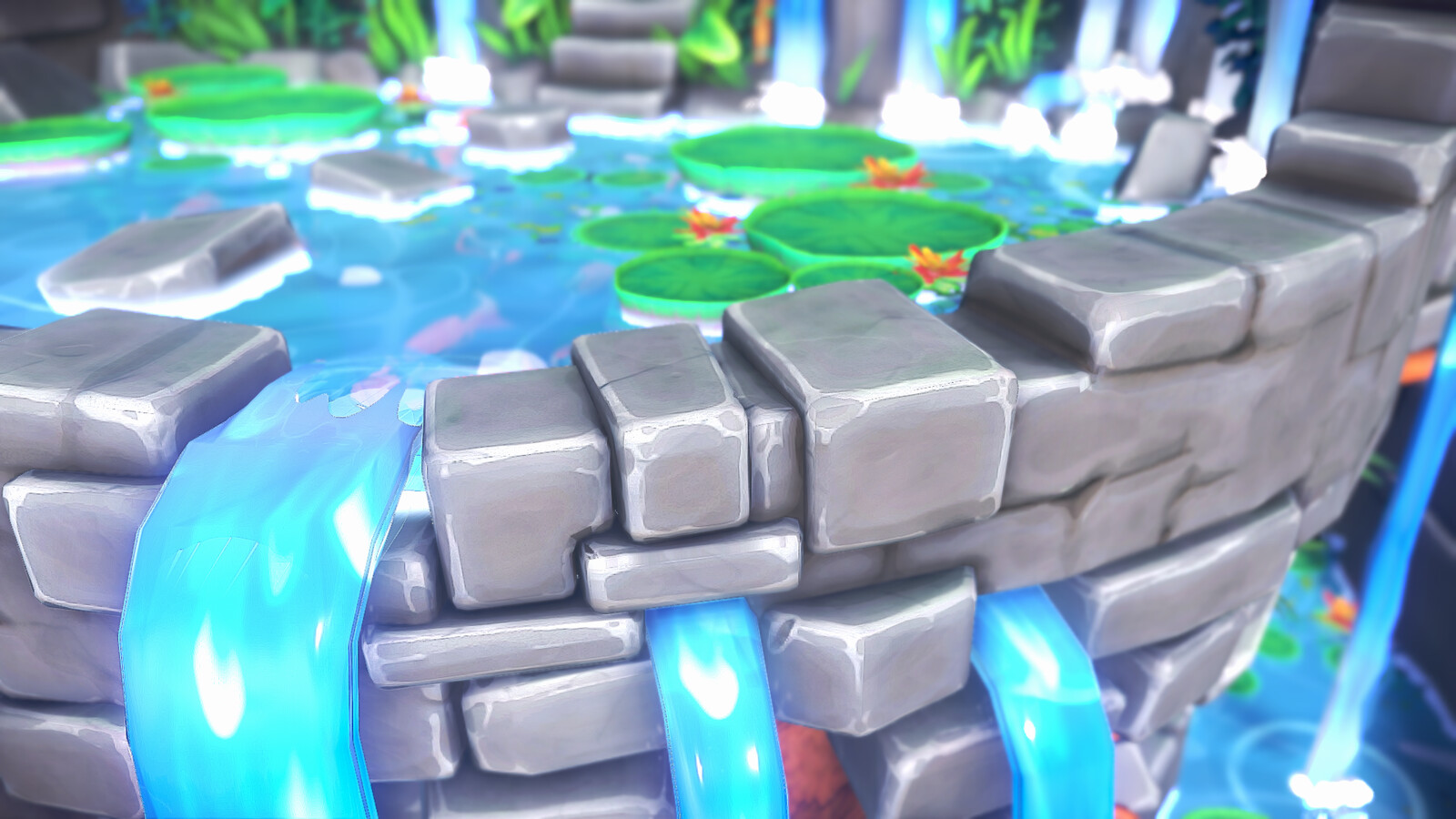 Stone material uses a repeating detail map, so stone looks crisp up close, and so the stone can be scaled and the detail will remain the same size.
