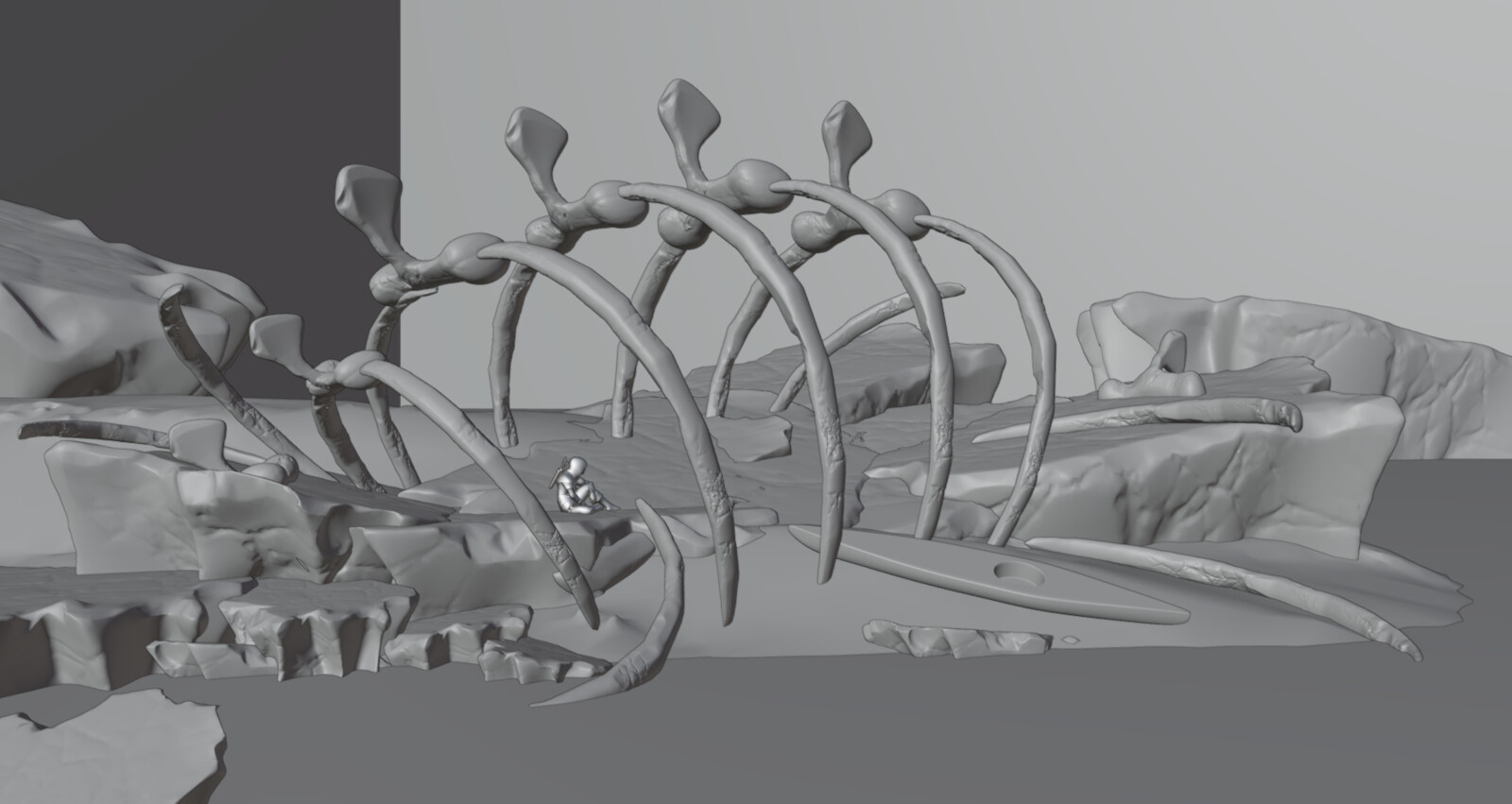 Blender viewport, the bones and ice sheets are sculpted, supplemented with some assets from Megascans