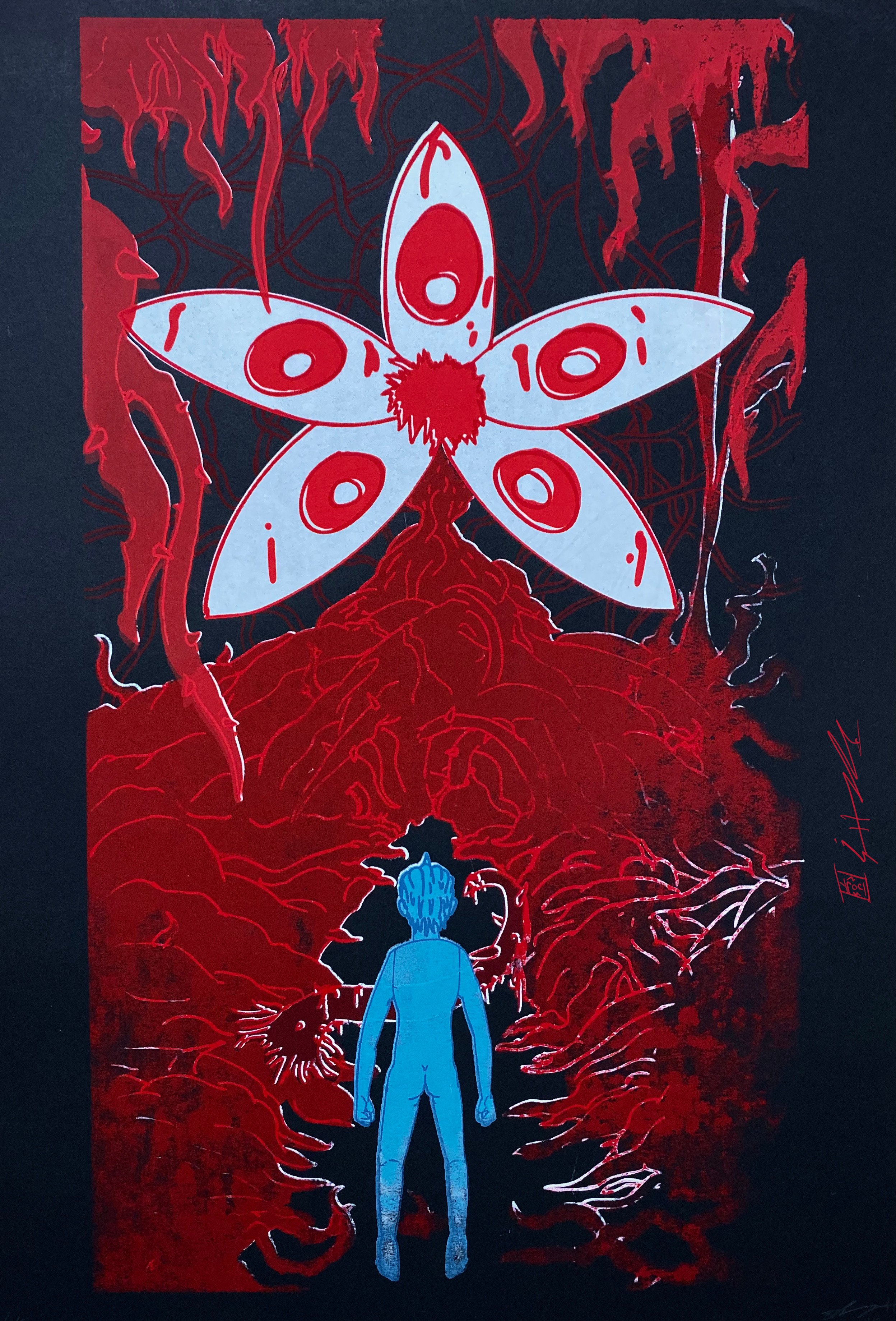 Confrontation.
This piece was fun, as I experimented with half-flooding the screen to give the print a blood-spatter effect as it dissipated towards Wilbur.