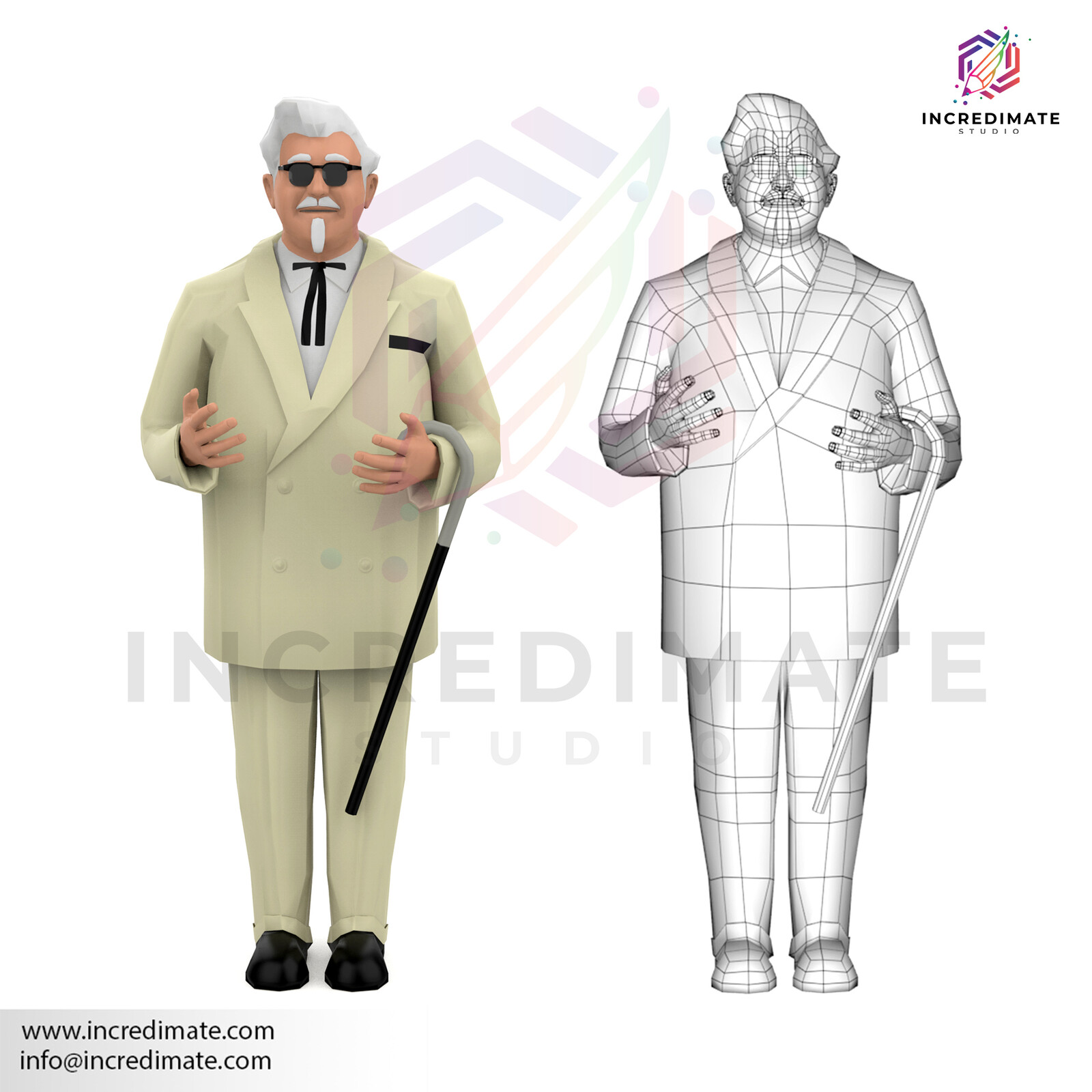 3d character of colonel sander done by Incredimate