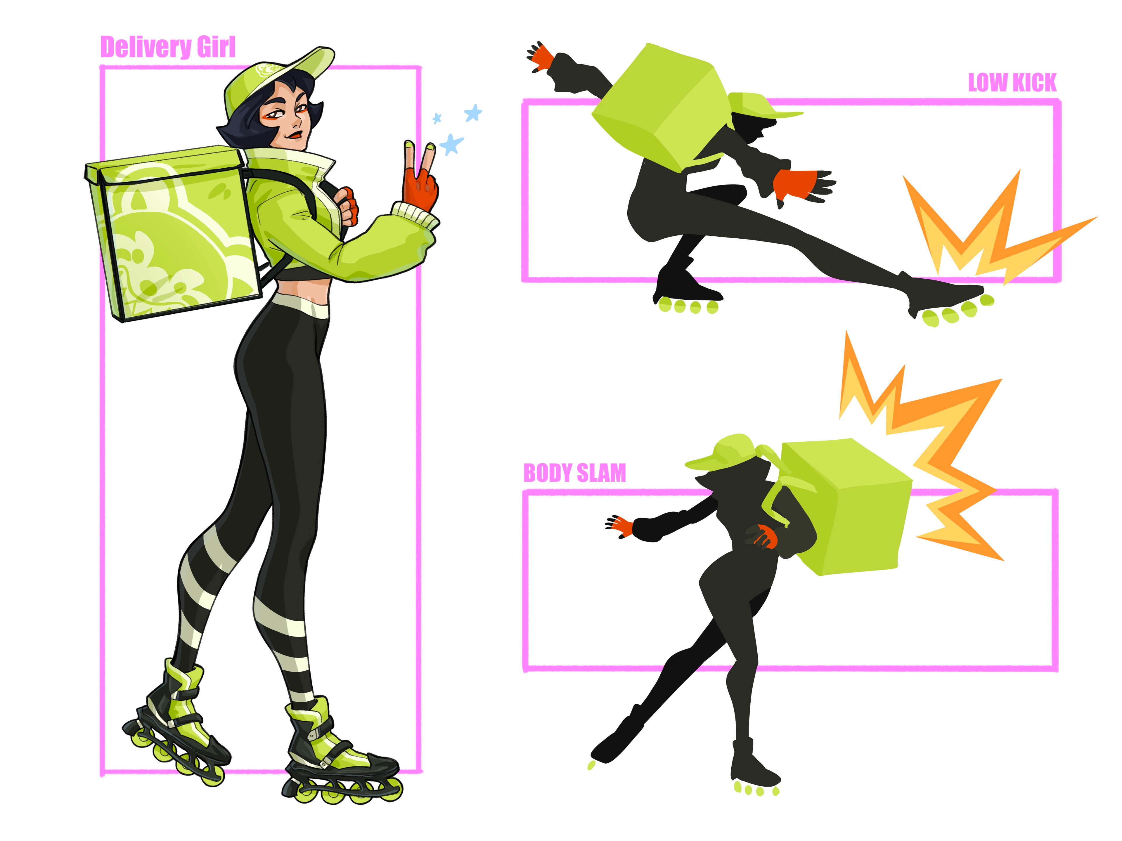 Delivery girl for a fighter game, working for the Green Panda delivery app.