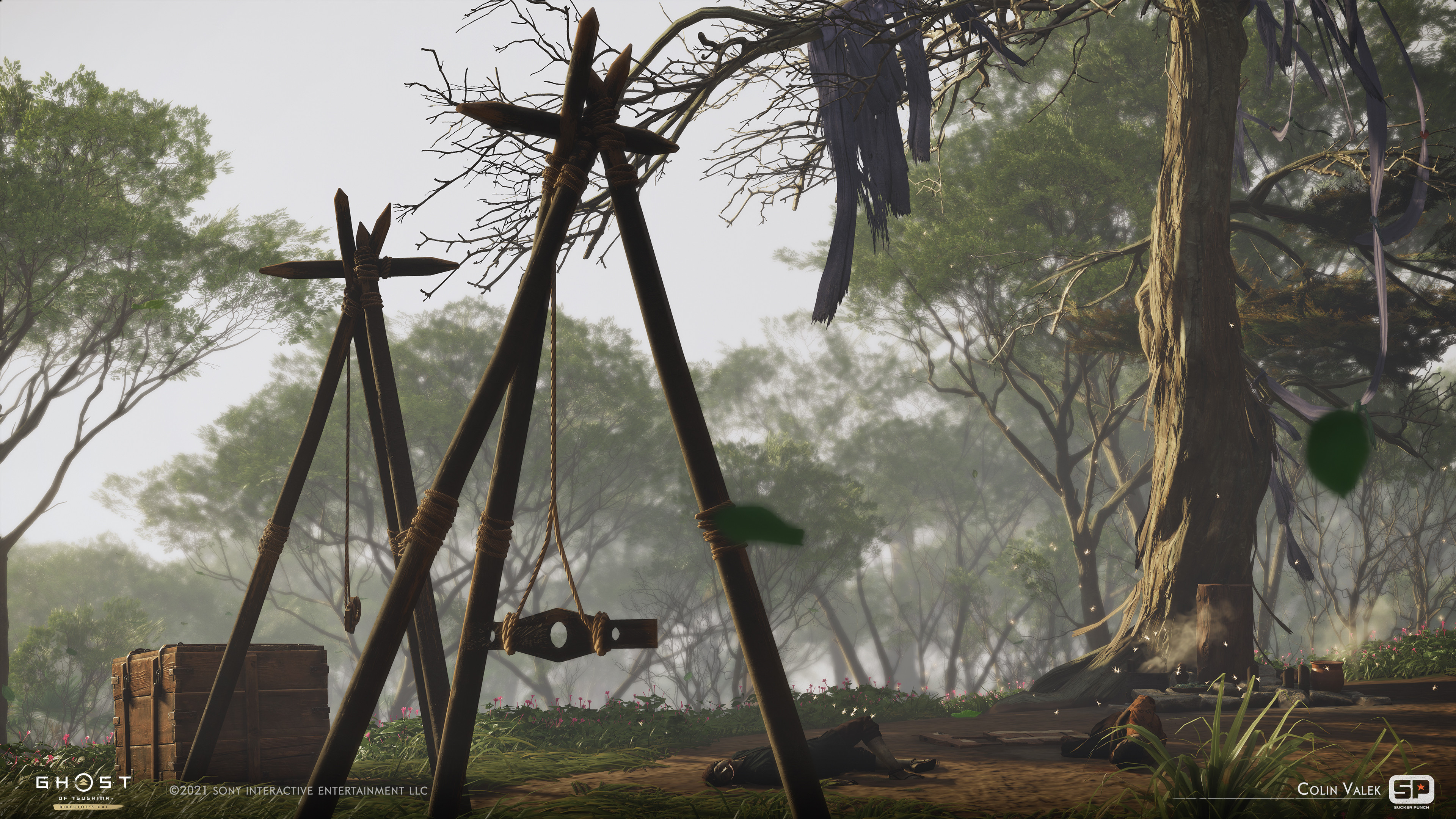 Environment/Prop set dressing, hanging shaman cloth added to trees.  