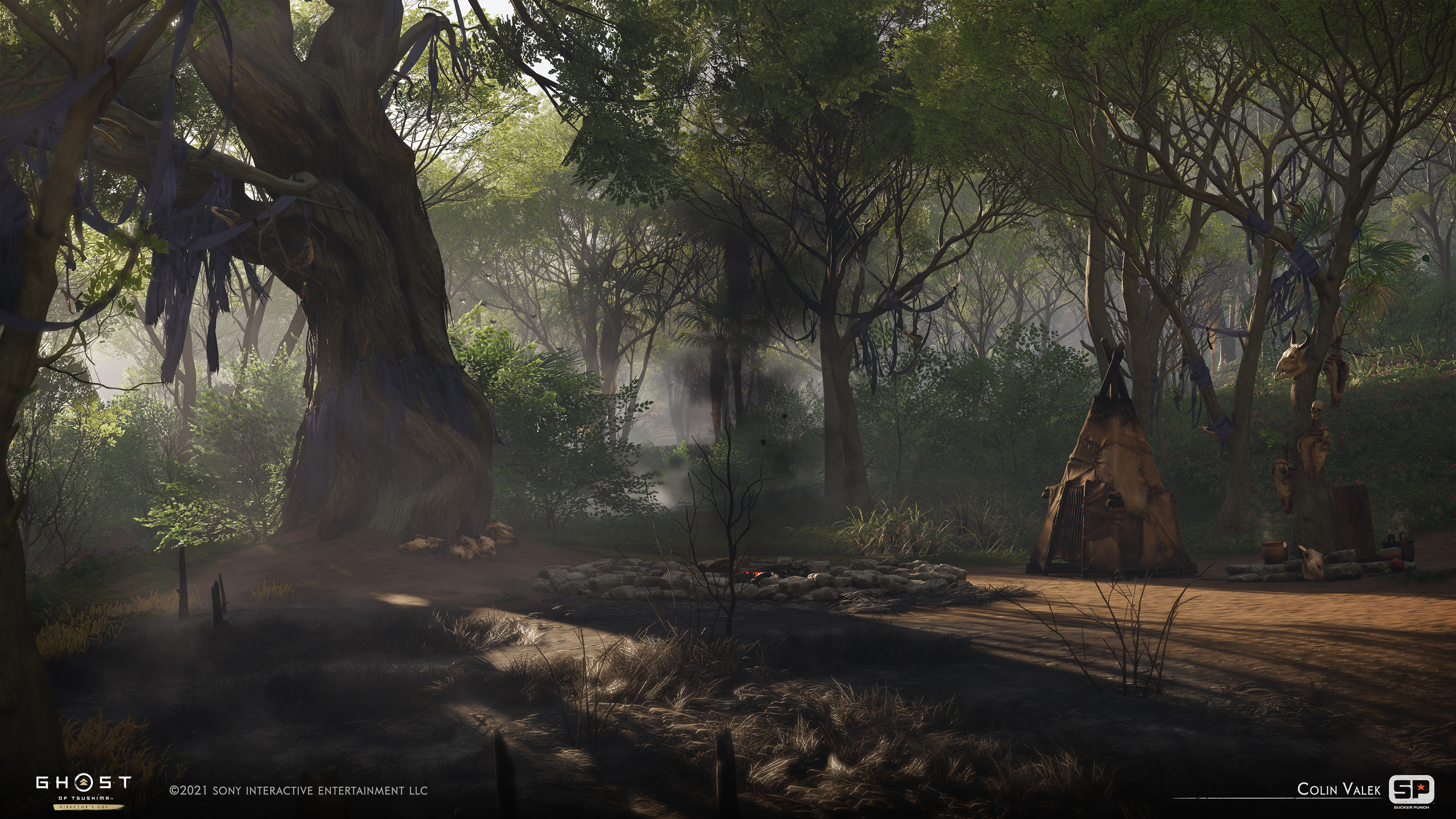 Environment/Prop set dressing, hanging shaman cloth added to trees. Set dressing also by Jordan Aston. 
