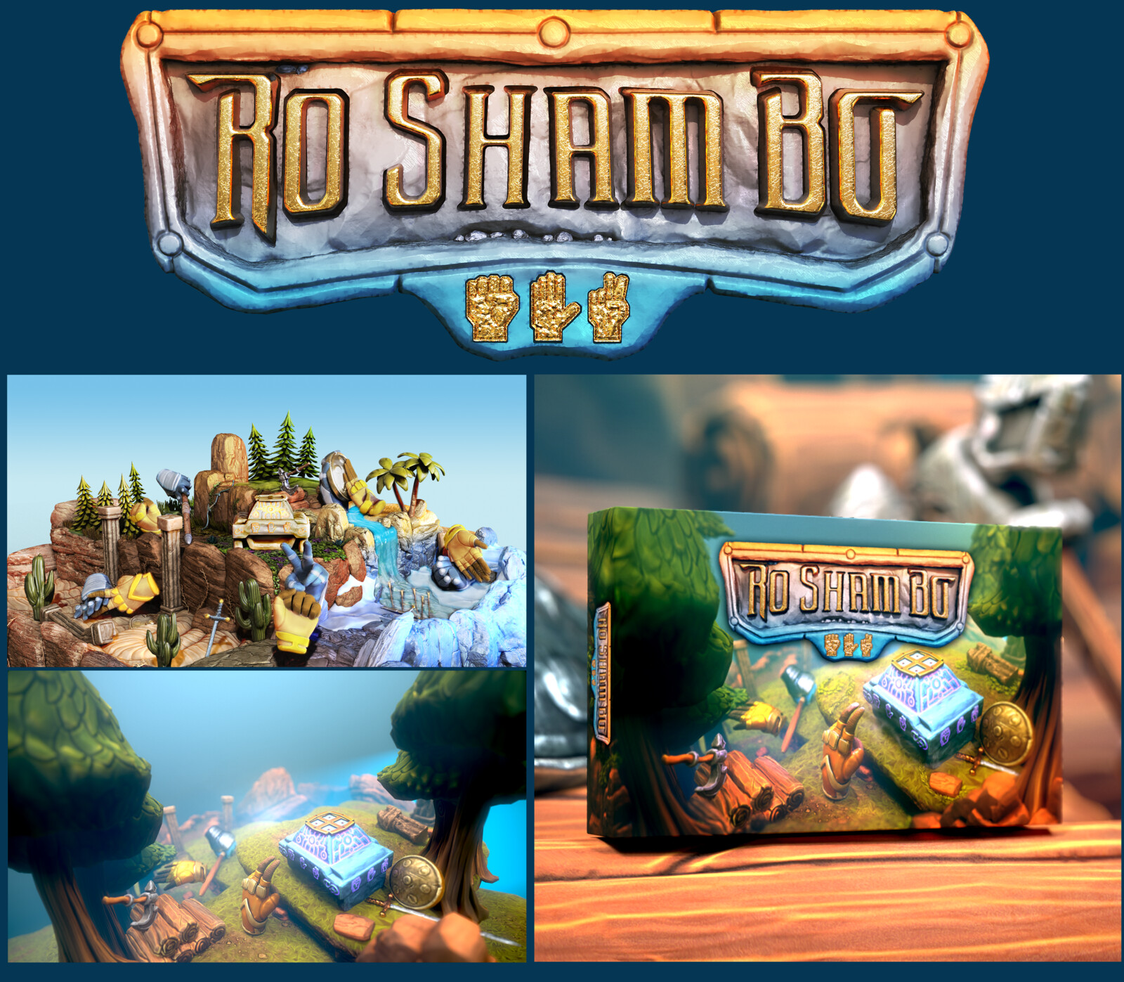 Created in ZBrush, rendered in Keyshot then combined and painted over in Photoshop. Ro Sham Bo is a Board Game created by Pearly Pigeon, Displayed here is the Logo and some box art concepts I created for social media. 