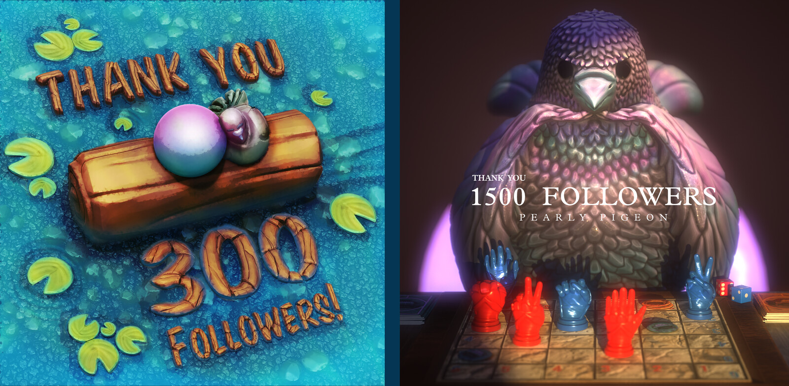 Here are some samples of the artwork created for Pearly Pigeon. All made in 3D software followed by touch-ups/paint-overs in Photoshop.