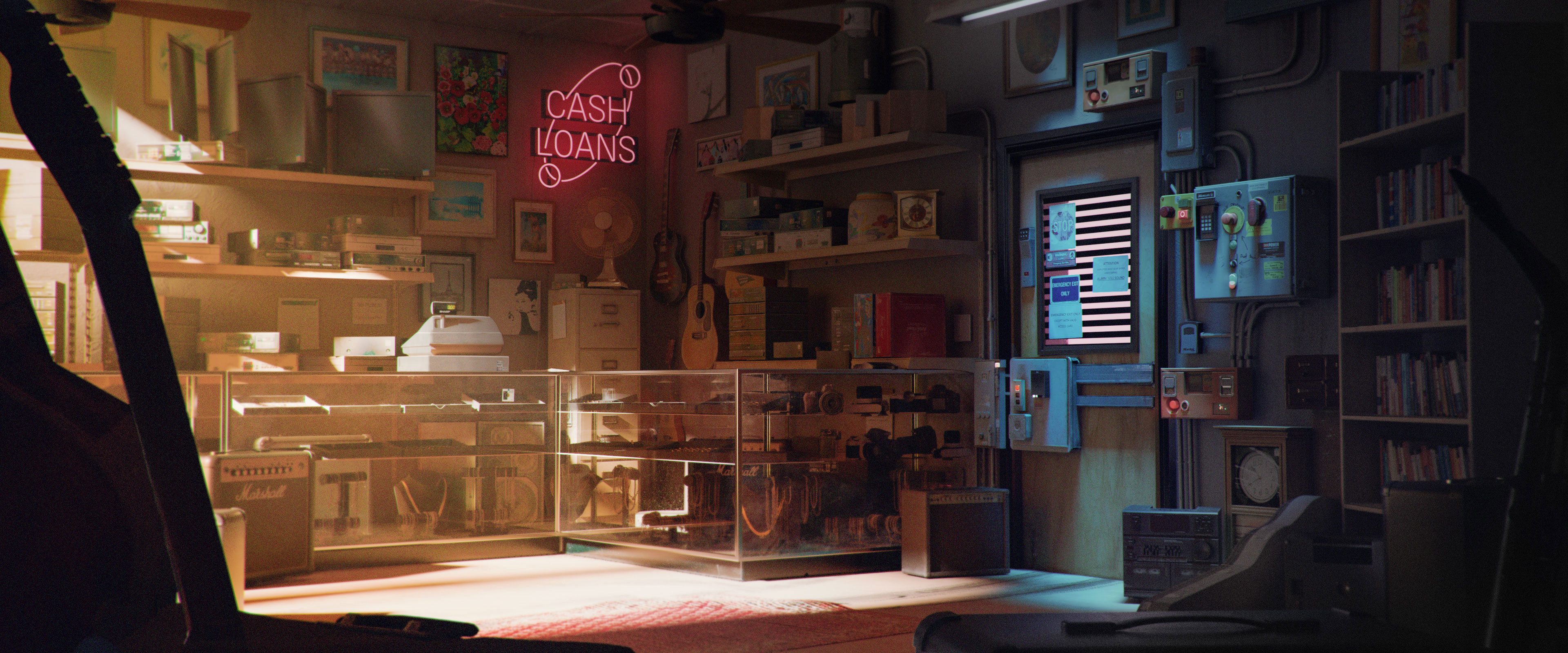 Interior of the pawn shop, the door on the right leads to the gun room. Many high tech elements disguised as human technology surround the door.