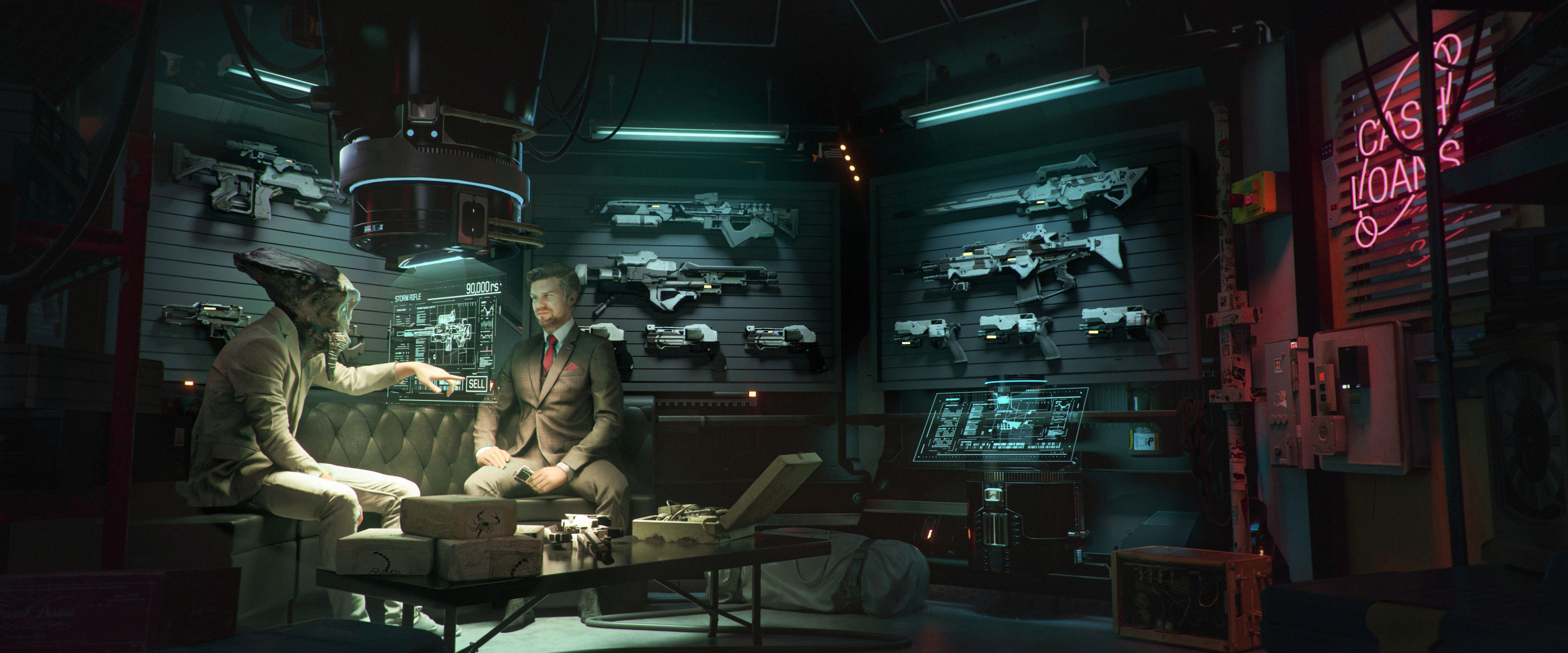 Gun room located in the back of the shop. The alien is selling to a corrupt corporate character.