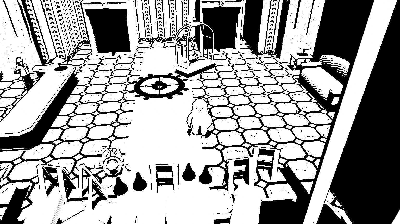 The Lobby Shot 2. Props I created in this environment include: chandelier, construction cones/signs, couch, luggage cart, lamp, side table, and elevators.