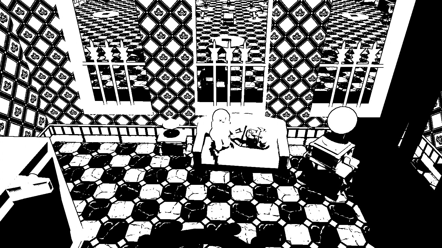 The Ballroom. Props I created in this environment include: Couch, table, elevator, windows, window gates, phonograph, lamp.
