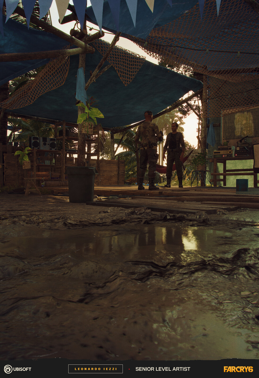 Two Guerrilleros standing on a tent in Libertad island with a puddle reflection
