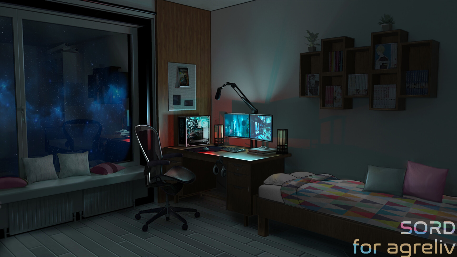 ArtStation - Visual Novel Background - A Gamer's Room - night version (  Commission )