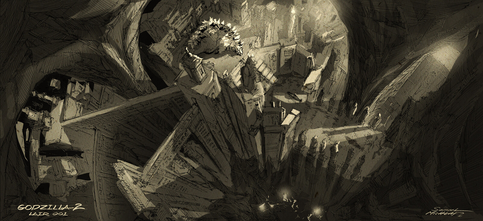 Godzilla's lair wide shot- ink sketch