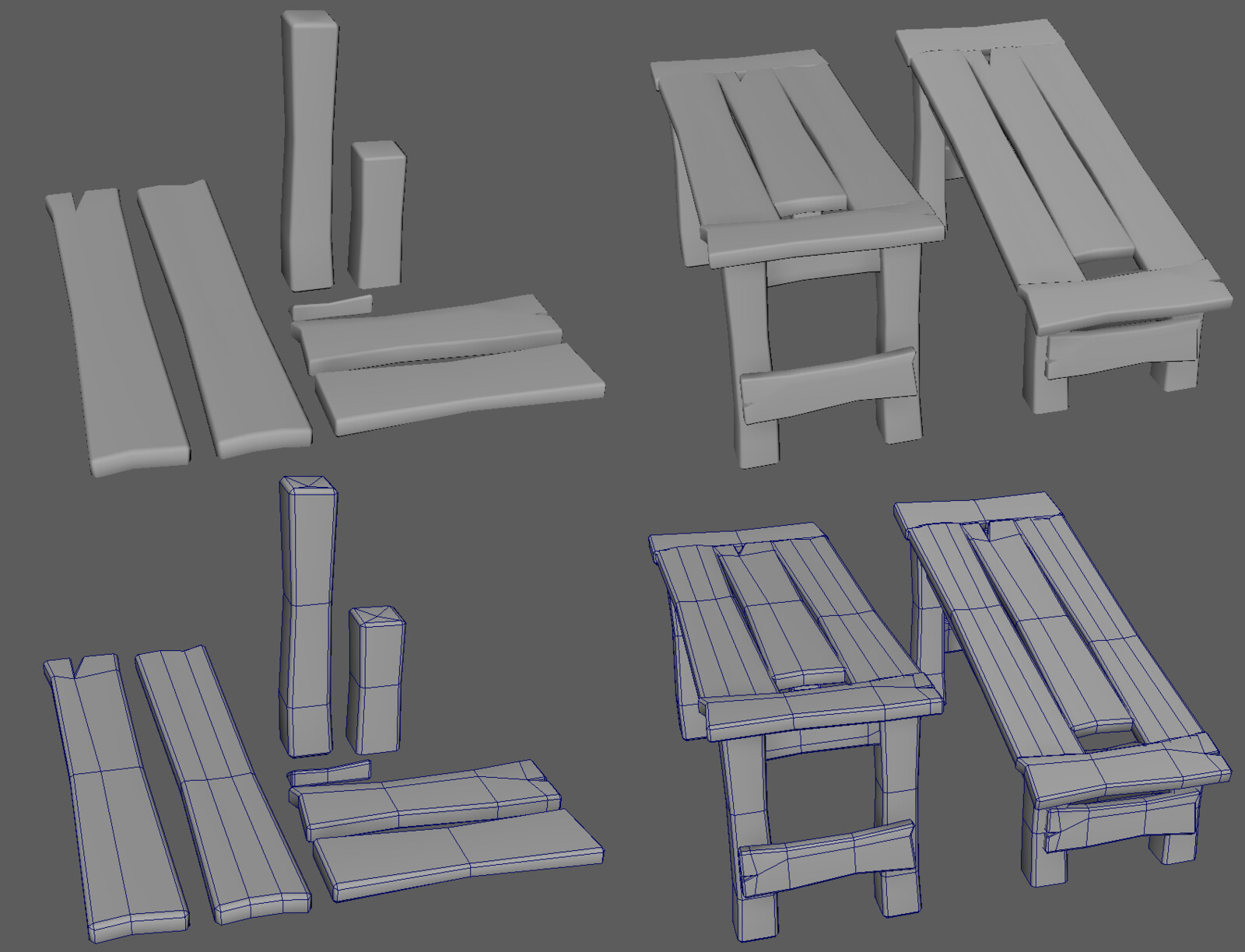 Low poly modular meshes, in Maya. Each table is built using seven modular planks.
