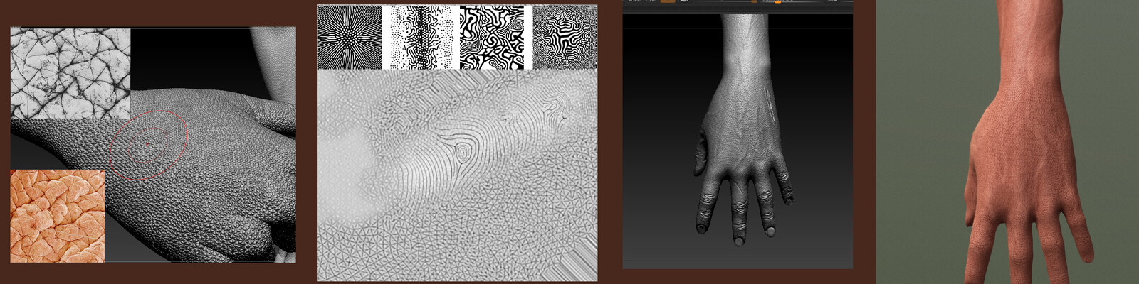 
To create the skin I did not want to use scanned textures or pre-existing files, I used some diffusion concepts for the script

and some triangular tessellations to generate the displacement map, then apply it in zbrush and modify and add some noise