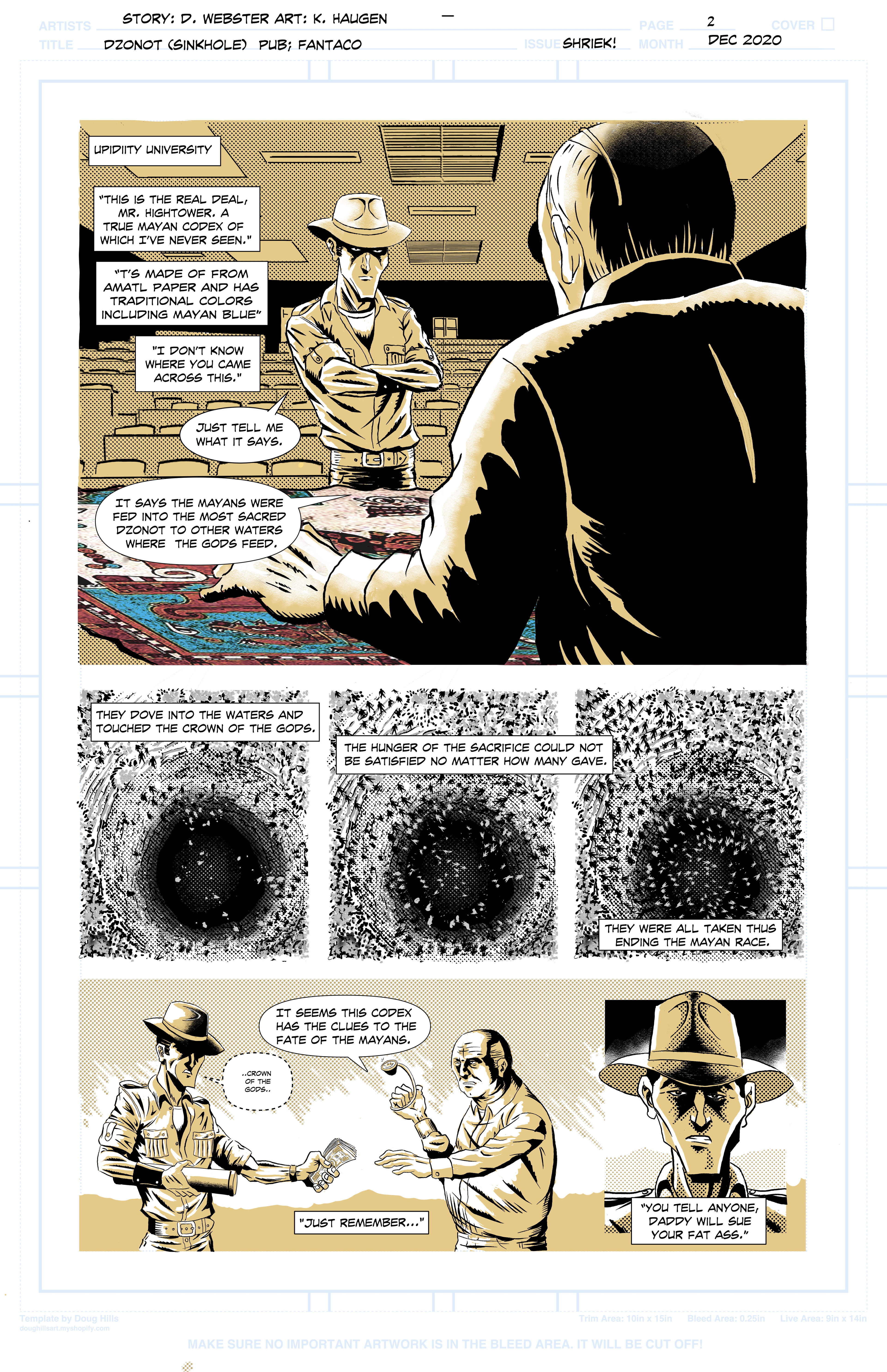 Pg. 2 of Dzonot for the FantaCo anthology: Shriek (Oct. 2021). Written by Dennis Webster.