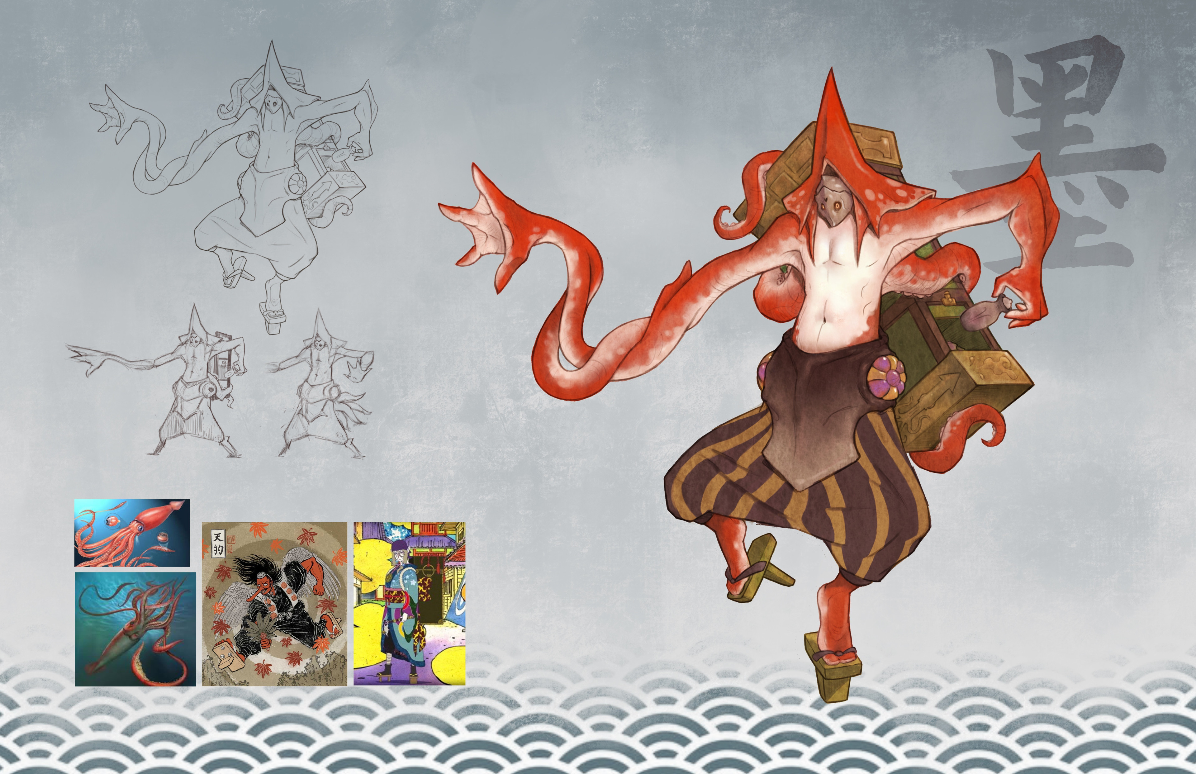 The Trickster - Design based on giant squid, the Japanese monster Tengu, and the Medicine Seller from Mononoke. The idea of his upsidedown mask is came from the upsidedown body structure of squid. 

欺诈师 - 设计源于大王乌贼、天狗、还有怪化猫里的卖药郎。因为乌贼是倒着游泳的，所以给他设计了一个倒过来的面具。